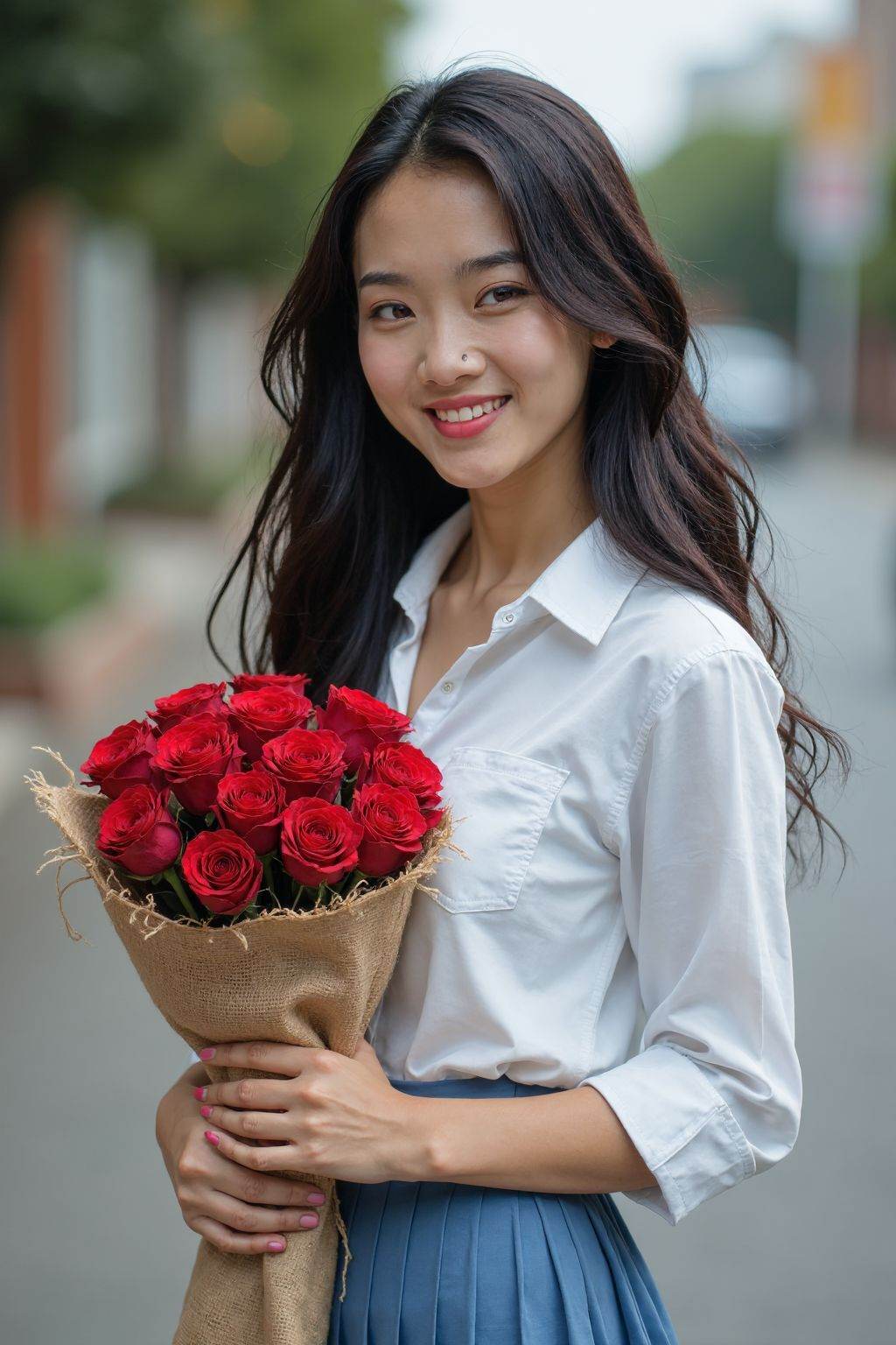 HDR photo of cinematic film still,  A photograph of a young Asian woman with fair skin and long,  wavy black hair. She is...