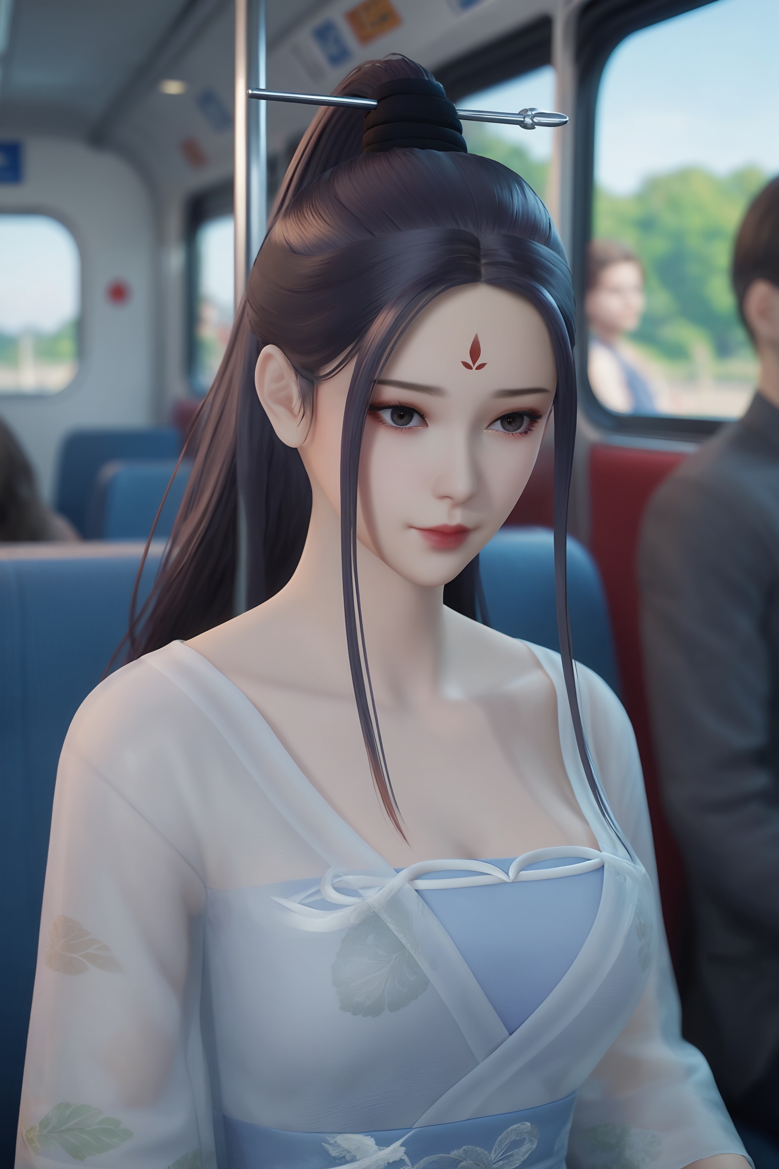 solo,1girl,solo focus,(perfect_anatomy:1.1),(upper_body:1.2),(portrait:1.1),sitting,(train_interior:1.1),(blurry_background:1.2),score_9,<lora:万界仙踪-安芸-入水:0.7>,long,straight black hair,high ponytail,red mark forehead,flowing,white semi-transparent kimono with intricate,delicate patterns.  light blue hue,