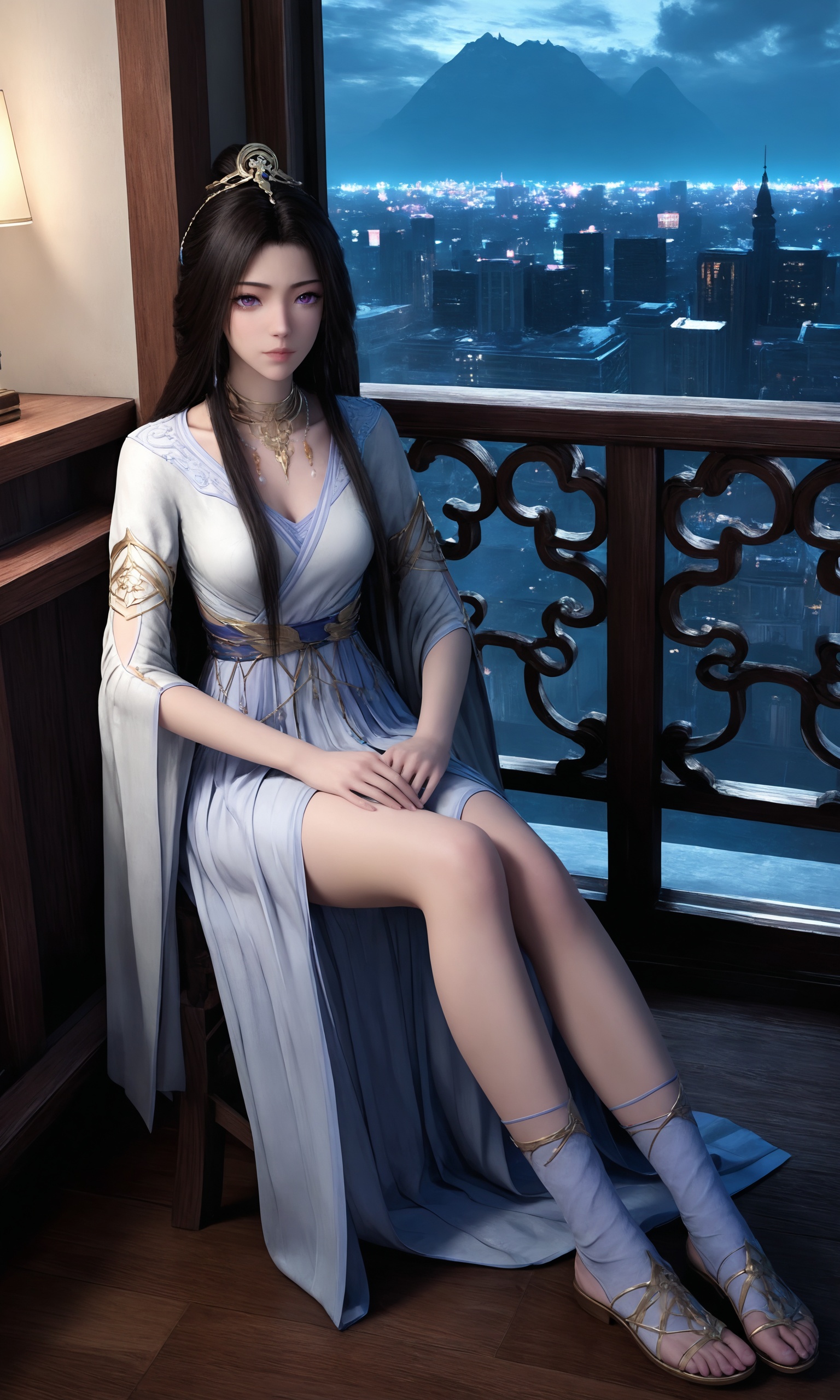 <lora:凡人-紫灵结丹初期ILL:0.8>,1girl,long,straight black hair,purple eyes,flowing,pale blue,floor-length gown with intricate gold trimmings,high slit,high collar,long sleeves,purple, ankle-length sock,golden belt,gold sandals,, 1girl,solo,sitting,window,frills,sky,cloud,indoors,cityscape,closed_mouth,sun,looking at viewer,