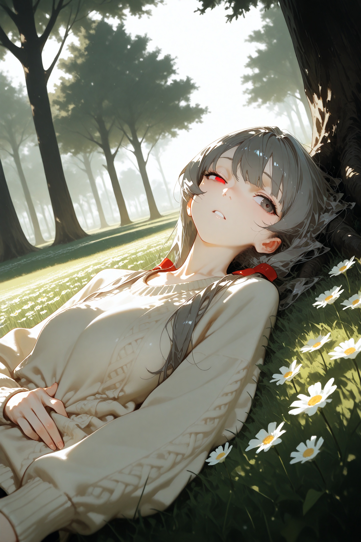 masterpiece,best quality,amazing quality,very aesthetic,absurdres,newest,(dino_(dinoartforame):0.5),(yoneyama mai:0.5),(Yomu:0.3),solo,1girl,long_hair,grey_hair,big tree,rich color,amazing light and shadow effects,the shadow of the tree falls on the girl's face,the girl is wearing a wide sweater,close one eye,lying beside a big tree,looking to the sky,reach out,the sun shone through the fingertips into the girl's eyes,in a meadow,flower,