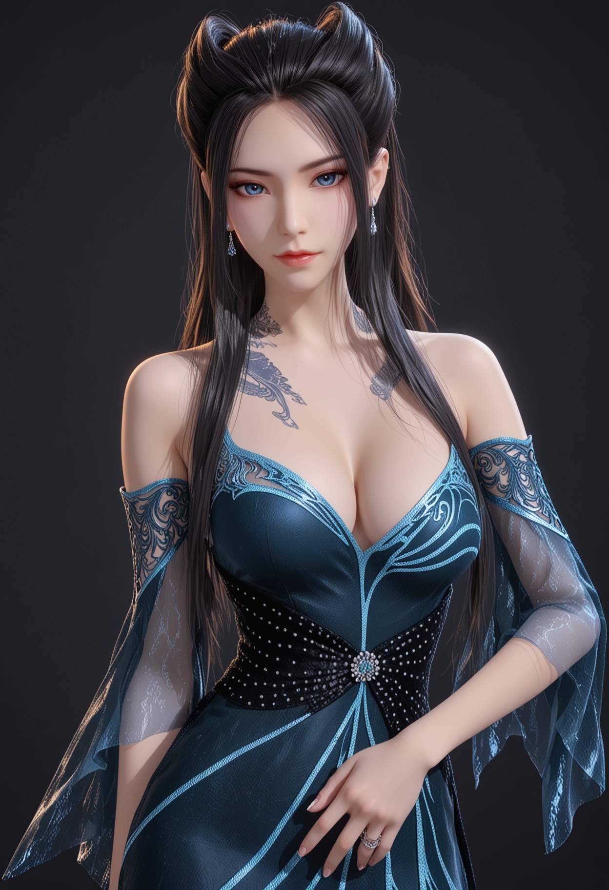 score_9,looking_at_viewer,upper body,(huge breasts:0.5),1girl,solo,black_hair,long_hair,dress,bare_shoulders,breasts,blue_eyes,realistic,cleavage,hair_bun,detached_sleeves,jewelry,blue_dress,stud earrings,high_heels,black_dress,piercing,tattoo,ear_piercing,shoes,footwear,(simple background,pure black background,black background:1.1),perfect_anatomy,<lora:QQSponyyanlingjilanyiV1:0.8>,