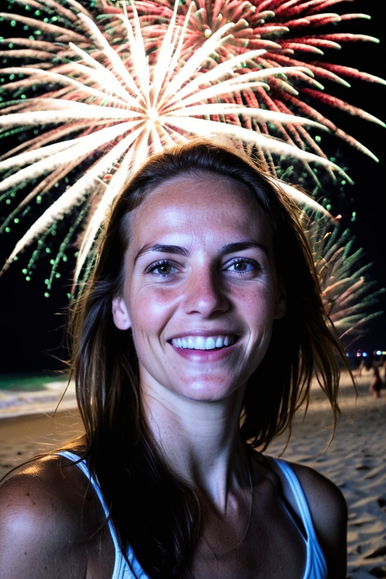 woman close up portrait,  HAPPY New year celebration so HAPPY faces everyone all white at the beach coloreio FireWorks bol...