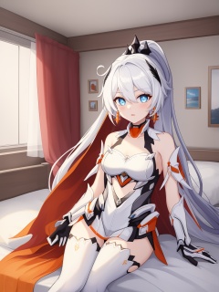 kiana kaslana,kiana kaslana \\\(herrscher of flamescion\\\),ponytail,white thigh boots,white armor,orange earrings,torn cape,black hair ornament,gauntlets,blue eyes,white thighhighs,bedroom,indoors,<lora:kiana2-000010:1>,, 1girl,,  (masterpiece,best quality:1.2),absurdres