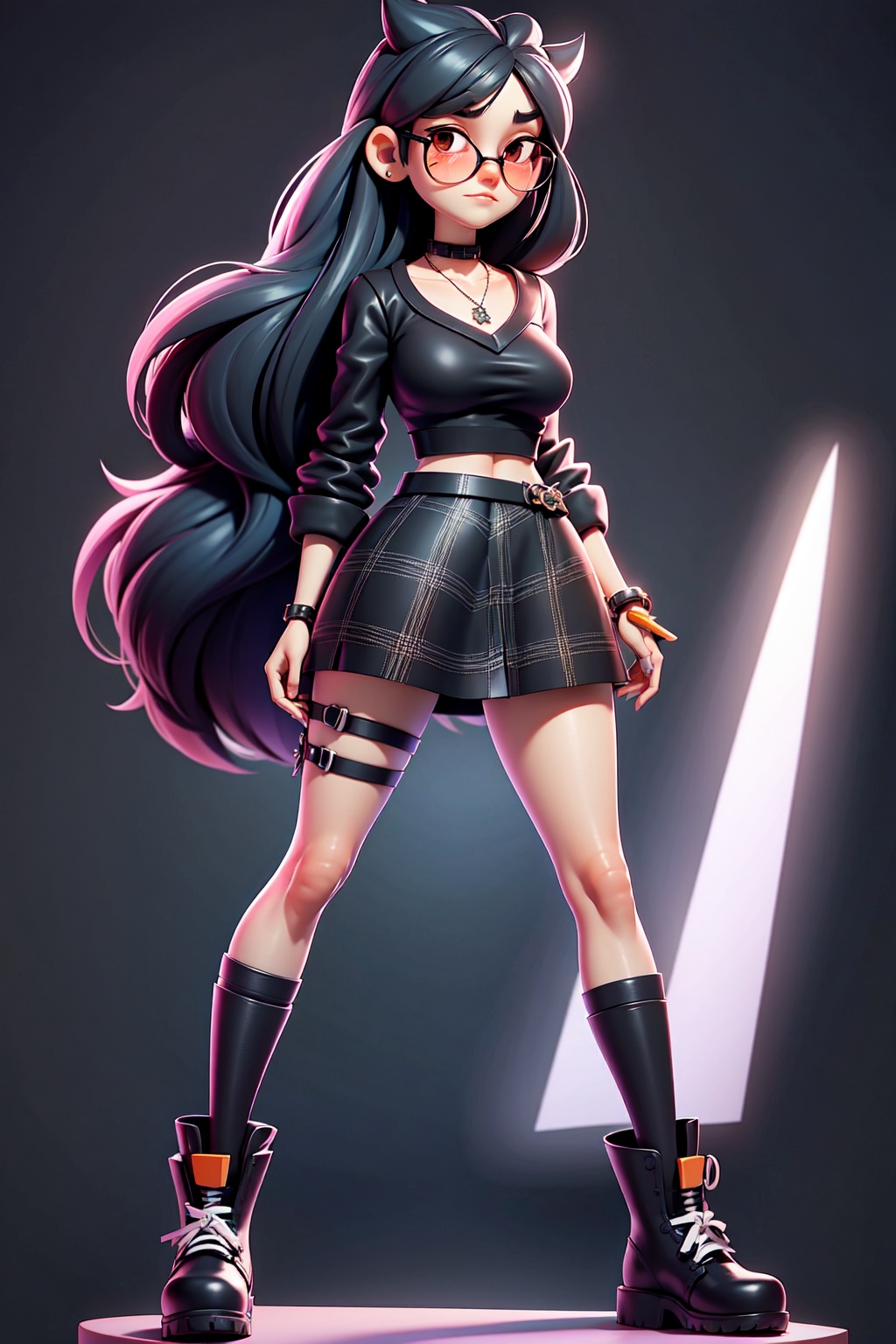 a 3D animated character with long black hair, wearing a black sweater with white lettering that reads 'KIDZER', a plaid skirt, striped knee-high socks, and black combat boots. The character is also adorned with a choker necklace and red sunglasses, masterpiece,best quality,