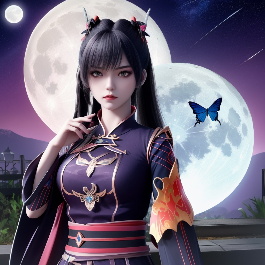 <lora:799-DA-神墓-楚钰:0.8>, 1girl, solo, butterfly, bug, kochou shinobu, demon slayer uniform, butterfly hair ornament, , , hair ornament, moon, multicolored hair, katana, full moon, long sleeves,  , sheath, haori, night, closed mouth, unsheathed, sky,  , belt, blue butterfly, jacket, gradient hair, black jacket, wide sleeves