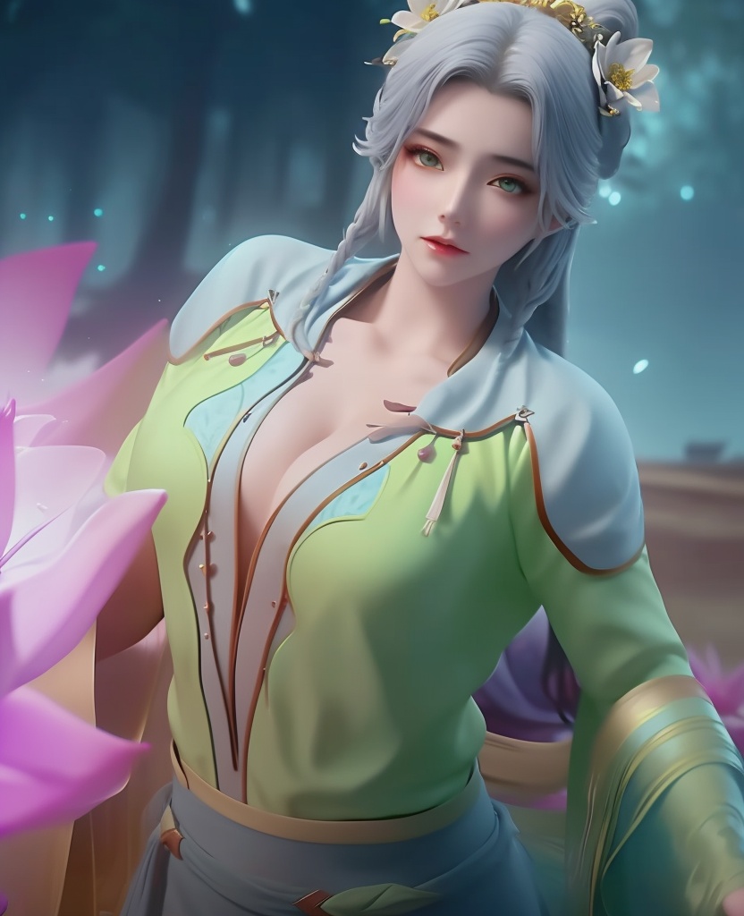 <lora:650-DA-完美世界-宁川的妈:0.8>(,1girl, ,best quality, ),looking at viewer,,anime,(masterpiece, top quality, best quality, official art, beautiful and aesthetic:1.2), (1girl)	, , (cleavage),extreme detailed,(fractal art:1.3),colorful, flowers ,highest detailed,(by Jeremy Lipking)    (cleavage), (),