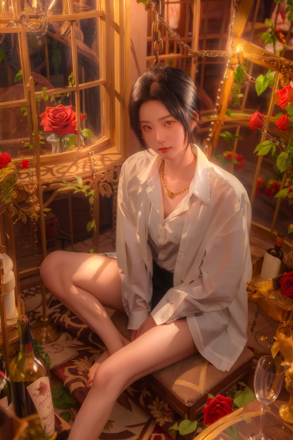 longzhongque,sunlight,magnificent,golden birdcage,shirt,barefoot,bottle,sitting,cage,solo,black hair,white shirt,book,short hair,flower,wine glass,male focus,dark skin,1boy,looking at viewer,naked shirt,indoors,alcohol,wine bottle,collared shirt,1girl,wine,cup,long sleeves,drinking glass,dress shirt,open shirt,plant,window blinds,candle,rose,window,jewelry,from above,between legs,bare legs,open clothes,curtains,closed mouth,petals,hand between legs,chain,<lora:longzhongque_v1_5_512:0.8>,