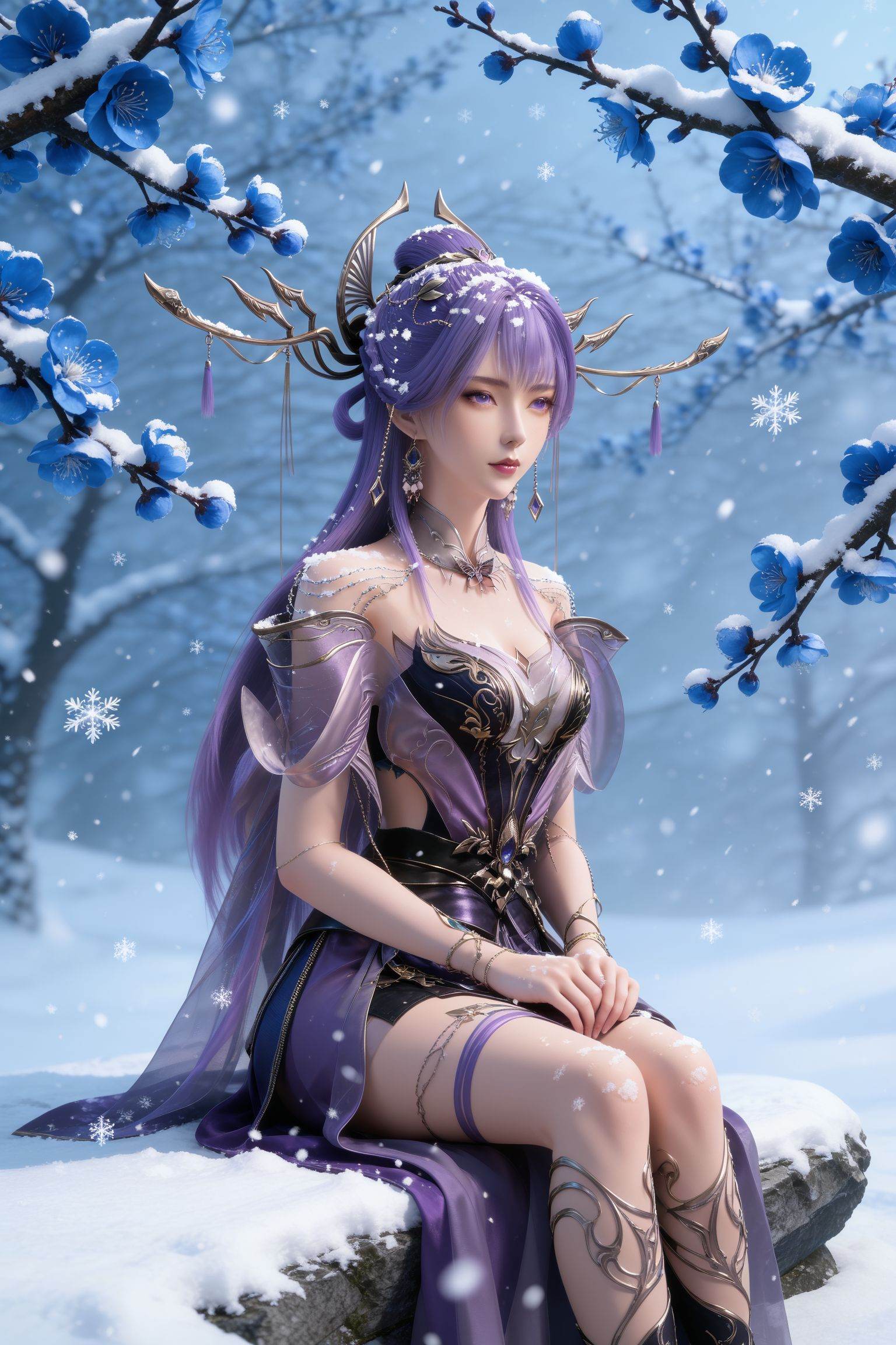 <lora:百炼成神3-天穹pony:0.8>,1girl,long hair,hair ornament,purple hair,earrings,purple eyes,hair rings,hair ornament,necklace,bare shoulders,purple dress,black dress,branch,sitting,snow,solo,snowflakes,snowing,flower,