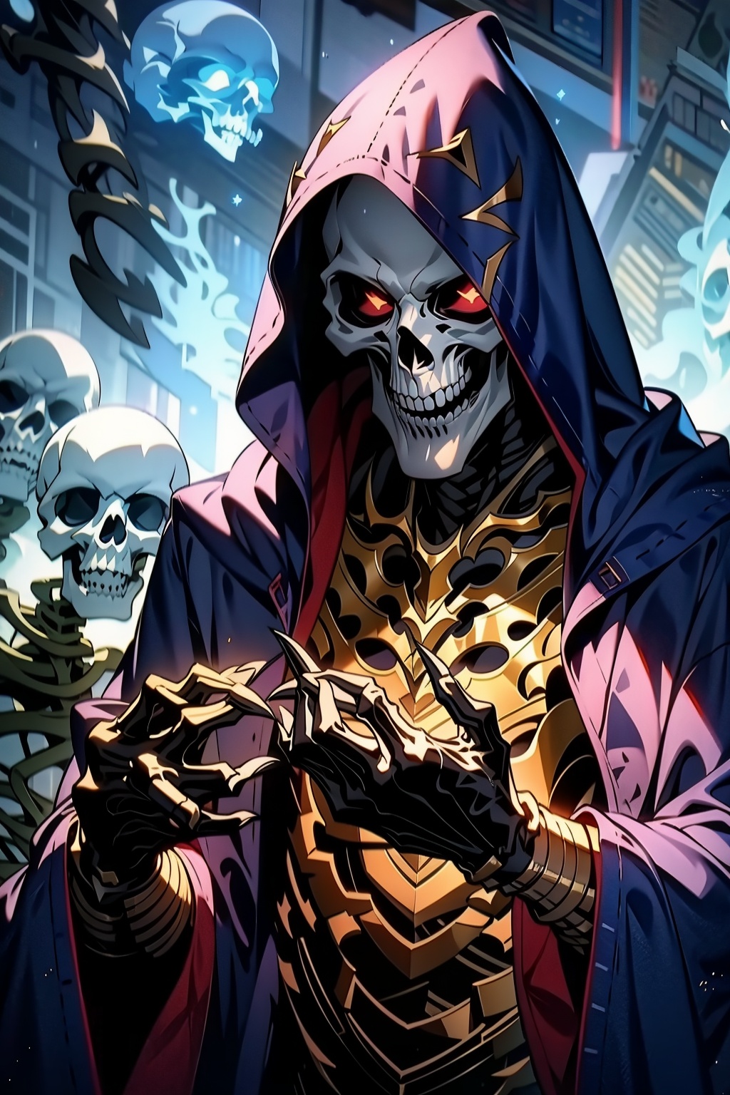 FF,(masterpiece:1.2),best quality,highres,extremely detailed CG,perfect lighting,8k wallpaper,anime,comic,game CG,hood, red eyes, hood up, 1boy, robe, male focus, hooded robe, solo, glowing, wide sleeves, fingernails, holding, magic, skull, long sleeves, ring, skeleton, upper body, black robe, sharp fingernails