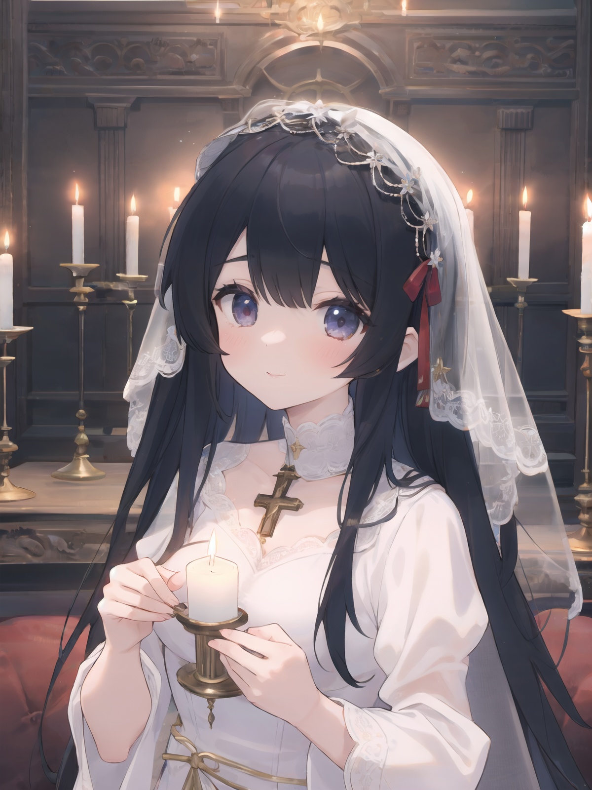 a girl in a white dress and a white veil with a candle in her hand and a cross on her head,Ayami Kojima,angelic,a flemish Baroque,gothic art,, (masterpiece,best quality,ultra_detailed,highres,absurdres:1.2)