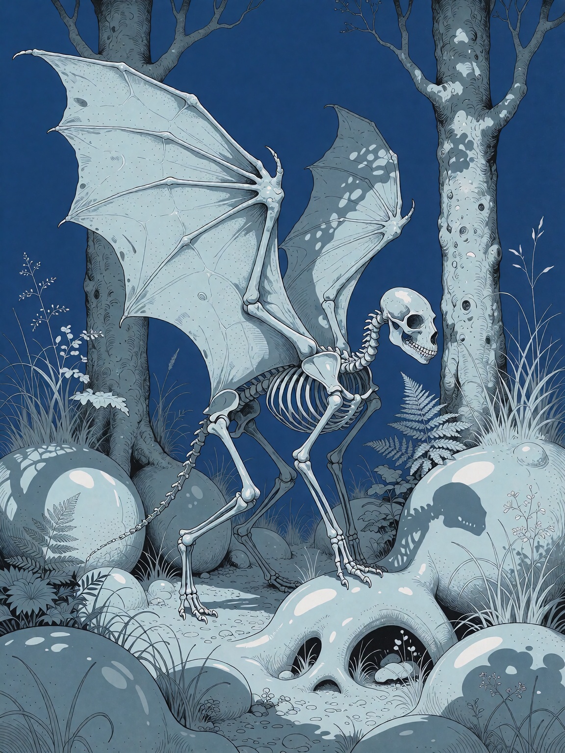 A skeletal winged creature stands within a forest setting,  rendered entirely in a monochromatic palette of pale ice-blues...