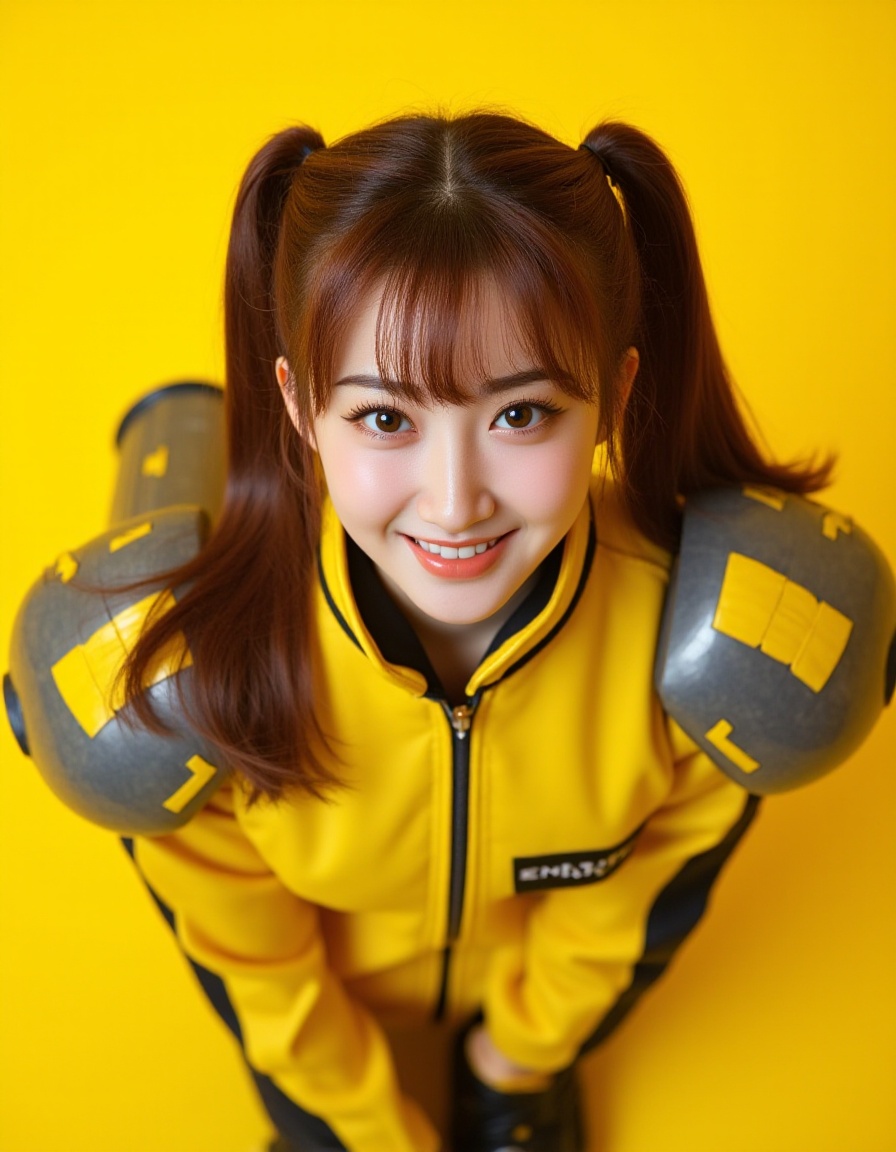 Masterpiece, Top quality, beautiful Korean woman, doll-like face, clean skin, neat honey-brown twintails, bright challenging grin, school jersey-style power suit, armored panels, active pose, giant high-tech warhammer, resting on shoulder, intensely saturated monochromatic citrine-yellow background, POV, high angle, face-focused close-up, looking up at viewer, massive warhammer head, visible behind her, framing face