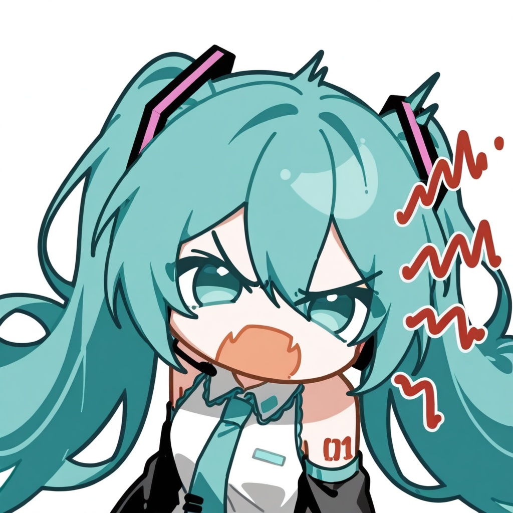<lora:haqi_angry_fang>,hatsune miku,chibi,1girl,solo,upper body,haqi,angry,fang,v-shaped eyebrows,looking at viewer,open mouth,white background,simple background,
