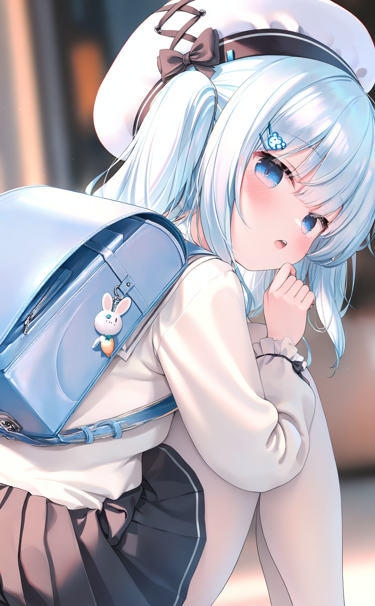 masterpiece,very aware,highres,absurdres,newest,best quality,loli,petite,high quality,chromatic_aberration,cinematic_angle,dutch angle,//,1girl, backpack, bag, white_pantyhose, solo, hat, blue_eyes, pantyhose, blue_hair, hair_ornament, white_headwear, randoseru, looking_at_viewer, white_background, long_sleeves, white_shirt, blue_bag, long_hair, open_mouth, twintails, simple_background, blush, shirt, beret, skirt, hairclip, bow, black_skirt, black_bow, pleated_skirt, hugging_own_legs, rabbit_hair_ornament, upper_teeth_only, charm_\(object\), hand_up, hat_bow, :o, feet_out_of_frame, knees_up//,//,official art,depth of field,detailed light,blurry background,best shadow,shiny skin,cinematic lighting,ray tracing,amazing quality,very aesthetic,absurdres,beast quality,ultra detailed,newest,8K,HDR,//,<lora:guizhencao——【noob】hans:0.88>,