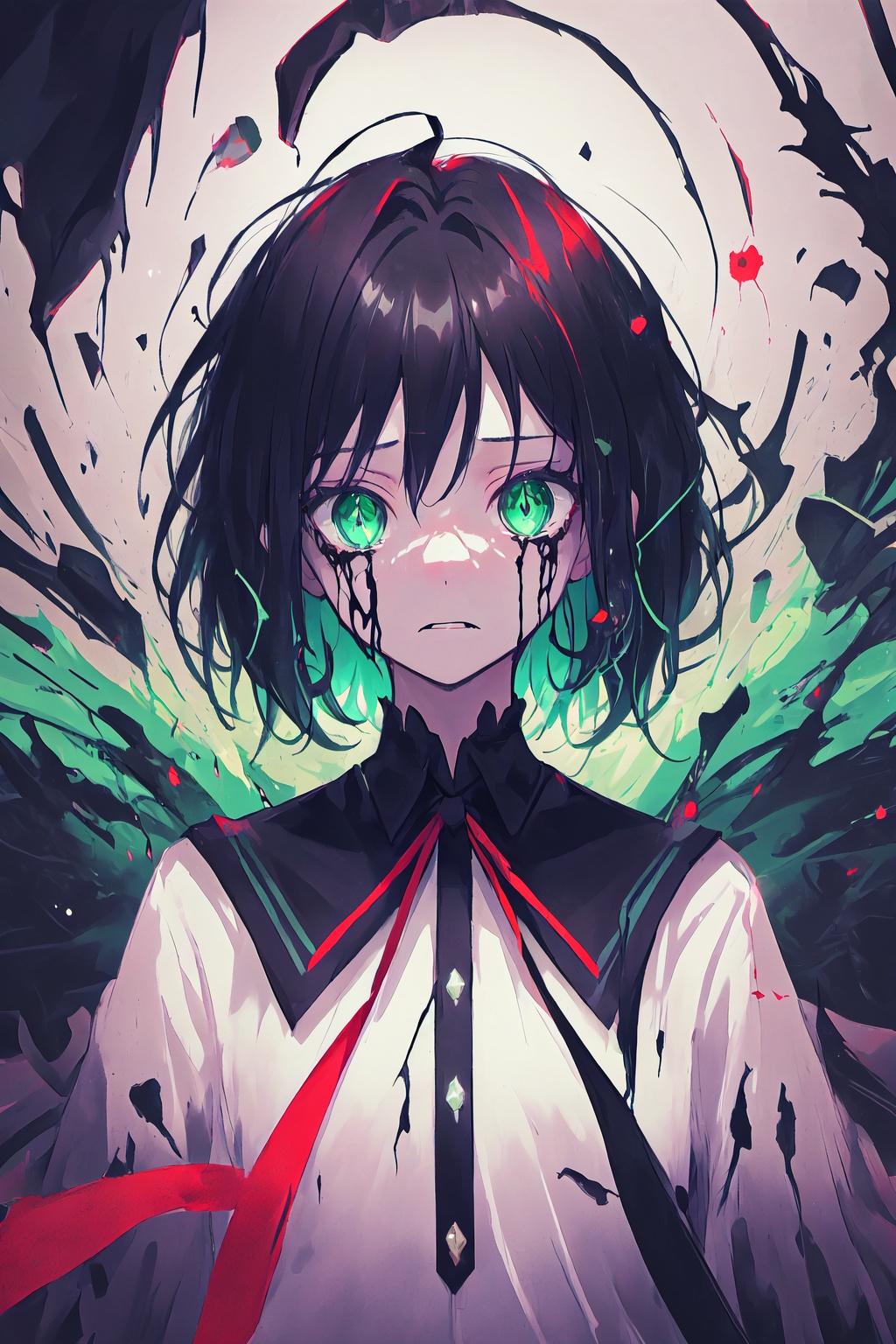 black hair,  short hair,  green eyes on Tensor.Art