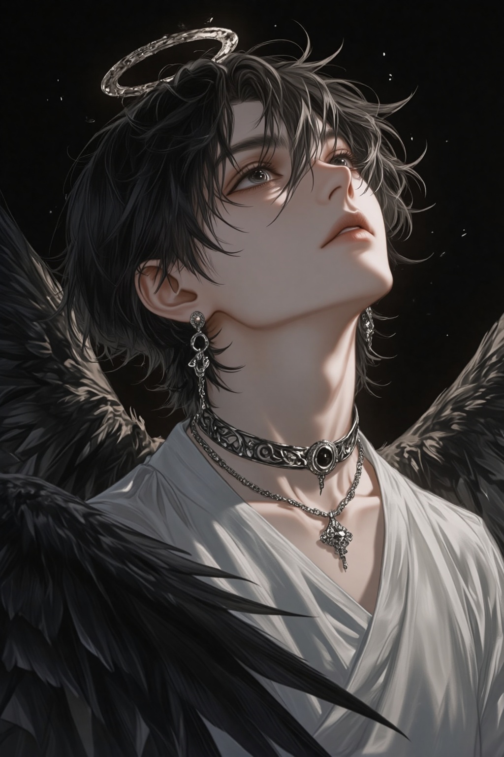 ZOZ_WEIMEIW,short hair,jewelry,angel wings,black wings,original,sfw,wing,bracelet,1boy,solo,looking up,necklace,dark,earrings,black background,halo,dark hair,male focus,black eyes,jewelry on neck,looking to the side,hair between eyes,parted lips,long sleeves,sleeveless,closed mouth,simple background,necklace only,dark wings,female solo,