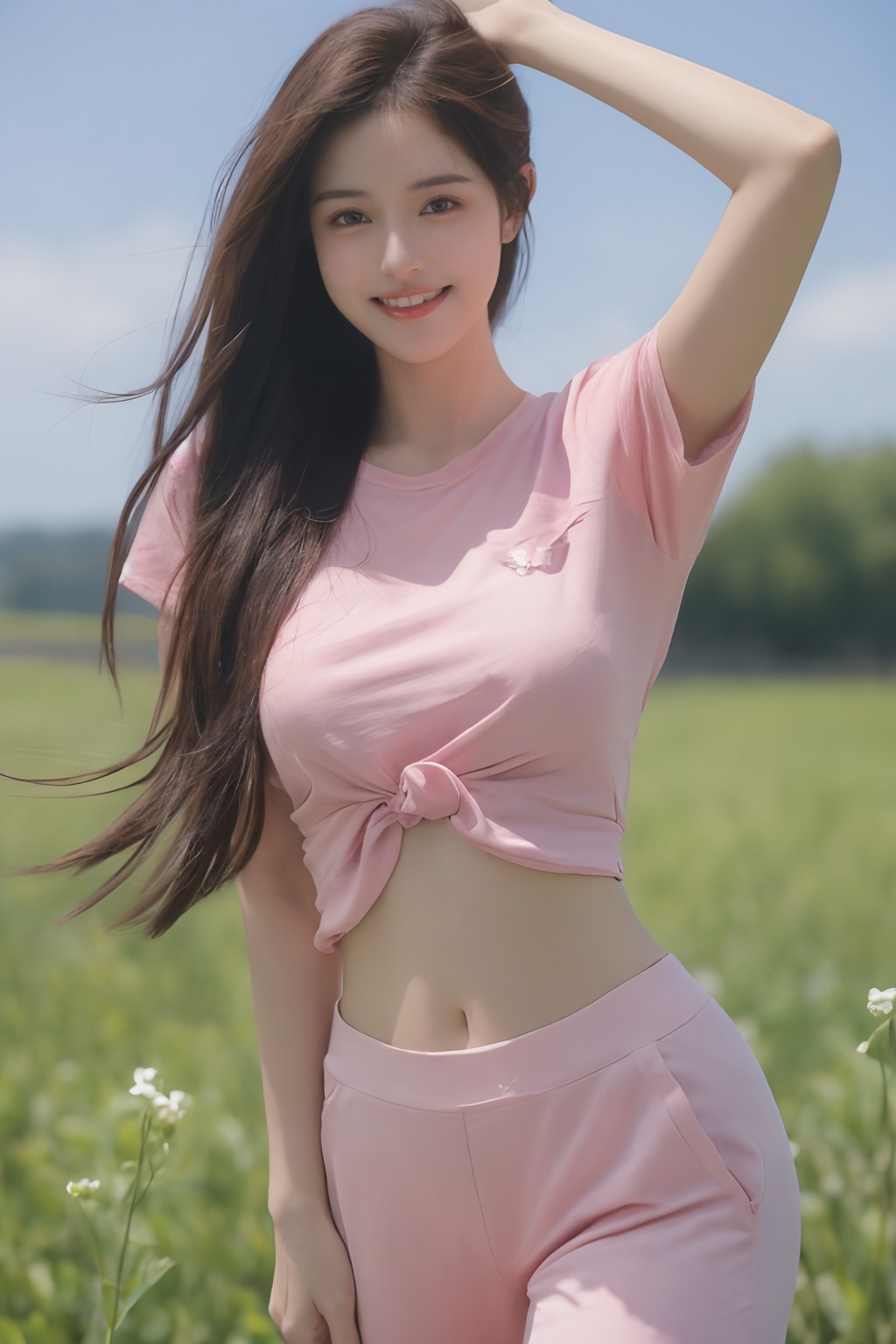 1girl, solo, outdoors, shirt, breasts, looking at viewer, brown hair, navel, flower, realistic, smile, pants, field, brown eyes, day, pink shirt, standing, long hair, sky, short sleeves, midriff, blurry, large breasts, yoga pants<lora:sifang_20231118123505:0.6>, 