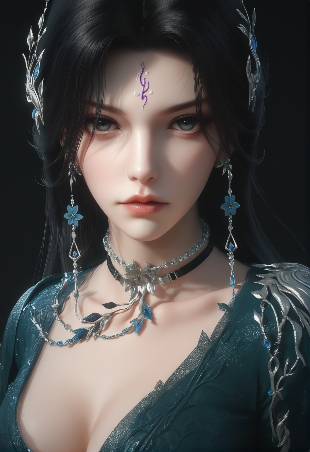 supermodel,score_8_up,score_7_up,hyperdetailed,hyperrealistic,volumetric lighting,focus on face,textured skin,eye lighting,SkinHairDetail,zPDXL,intricate and refined delicate details,unreal engine,very attractive,ultra high res,Expressiveh,realistic skin,score_9,score_8_up,score_9,score_8_up,1 girls,high cold face,yujie,perfect round large,breasts,jewelry,beautiful eyes,detailed eyes,breast,<lora:曦和岚月门:0.8>,black hair,choker,dress,earrings,expressionless,eye focus,facial mark,forehead mark,gloves,hair ornament,necklace,upper body,xihe,