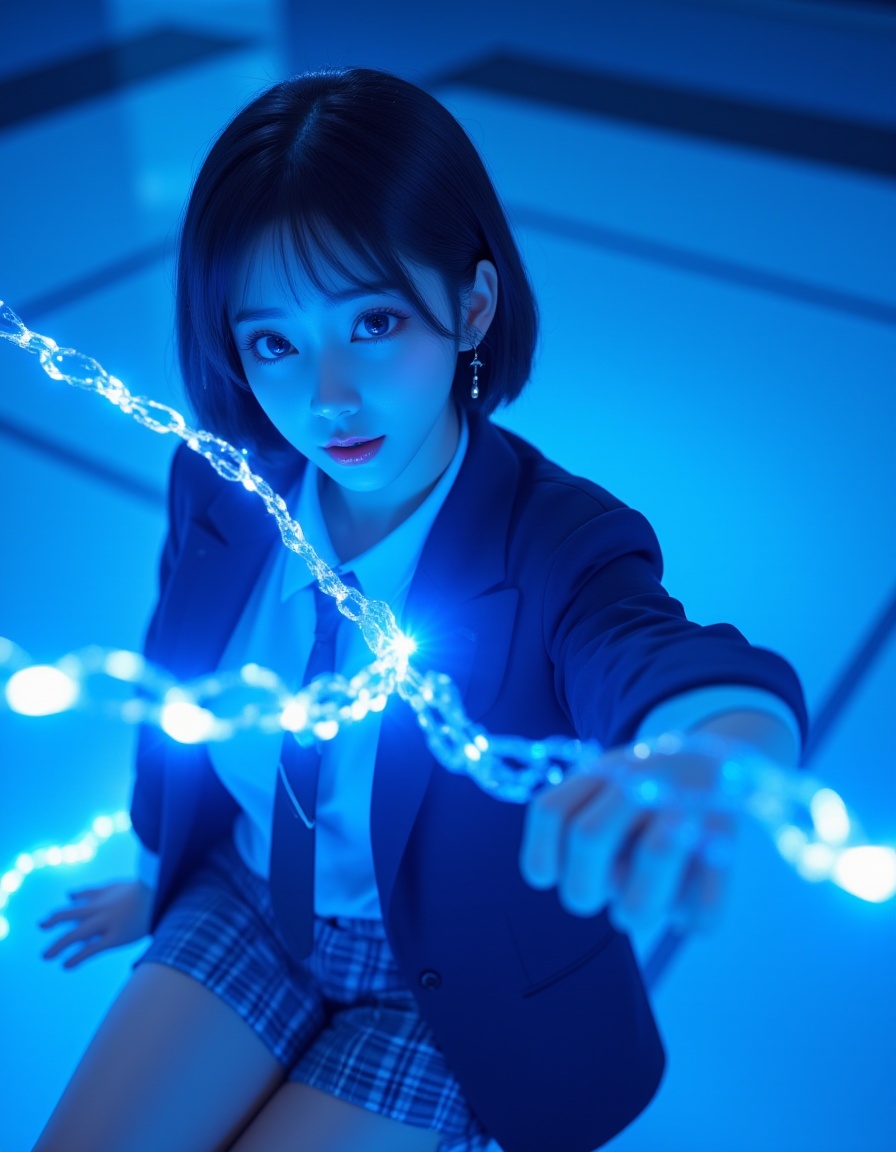 Masterpiece,Top quality,beautiful Korean woman,doll-like face,clean skin,neat deep cobalt blue short cut,bright determined grin,school blazer power suit,blazer seams glowing with blue light,plaid skirt with energy field shimmer,active pose,whipping a glowing energy chain upwards,dynamic arc of blue light in front of her face,intensely saturated monochromatic cobalt blue background,digital grid pattern,POV,high angle,face-focused close-up,looking up at viewer,