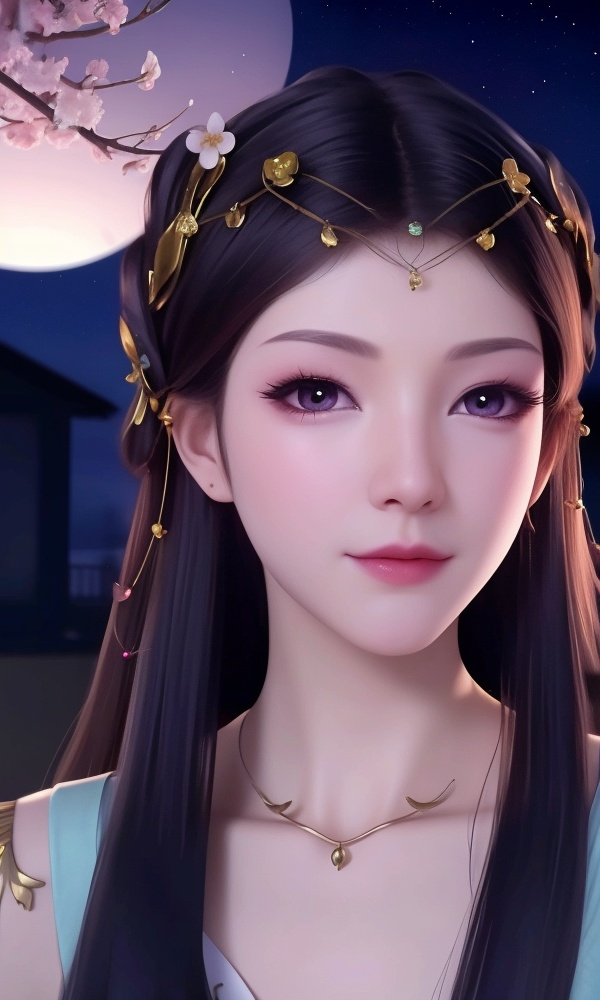 (,1girl, ,best quality, ),looking at viewer, <lora:408-DA-凡人修仙传-卓如婷:0.8> ,, ,masterpiece,(( , )),, realistic,science fiction,mole,,ultra realistic 8k cg,     ,cherry blossoms,,night, night sky, crescent moon, moonlight,,(facing viewer, looking at viewer, , ),  (()), (), 