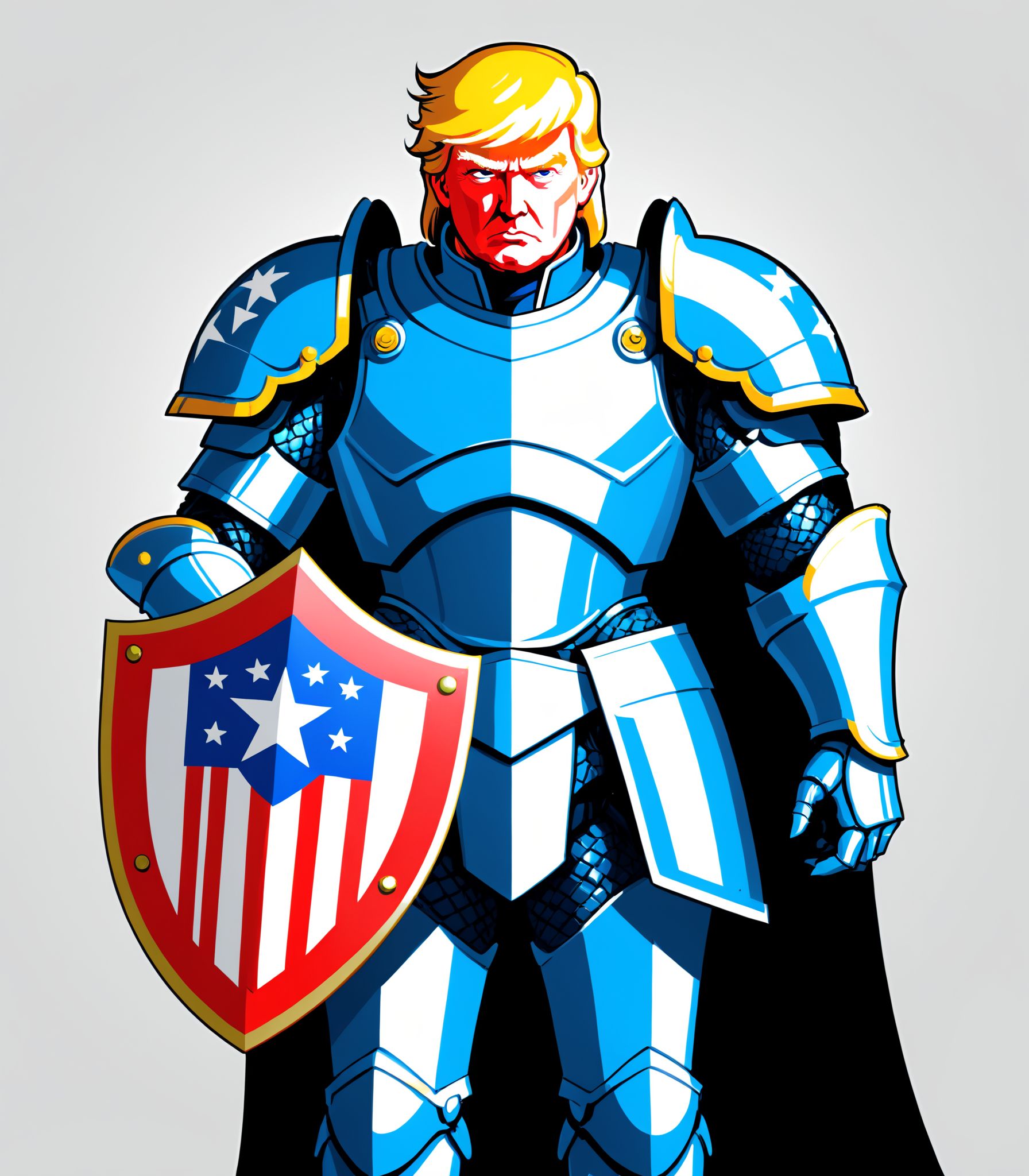 Image type of illustration:Create an illustration of a fully armored Donald Trump,  wearing a futuristic suit of armor wit...