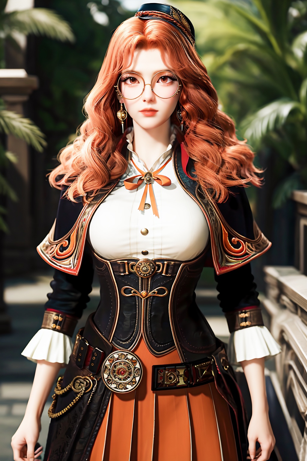 (best quality,masterpiece:1.2),ultra detailed,8k,RAW photo,realistic,photorealistic,ultra-detailed,intricate detail,extremely detailed,delicate pattern,looking at viewer,<lora:C_绝世唐门_橘子_JUNE:0.7>,1girl,solo,juzi,hat,glasses,long hair,jewelry,earrings,curly hair,wavy hair,round eyewear,mini hat,orange hair,belt ribbon,capelet,long sleeves,corset,standing,