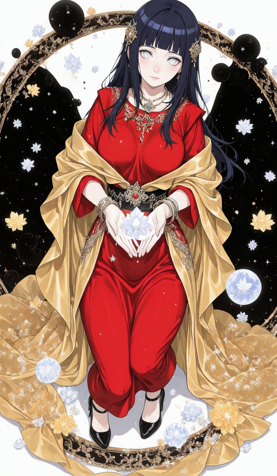hyuuga hinata Naruto,1girl,hyuuga hinata,solo,long hair,blunt bangs,black hair,(white eyes:1.3),large breasts,no_pupils,1girl,solo,dress,red dress,jewelry,full body,high heels,white background,cape,simple background,necklace,standing,bracelet,hair ornament,looking at viewer,depth of field,masterpiece,best quality,very aesthetic,alternate costume,alternate costume,2024,2023,perfect composition,ultra-detailed,extreme aesthetic,masterpiece,best quality,good quality,newest,year 2024,year 2023,very aesthetic,absurdres,looking_at_viewer,colorful,<lora:色彩滤镜:0.81>,lvjing,black_background,