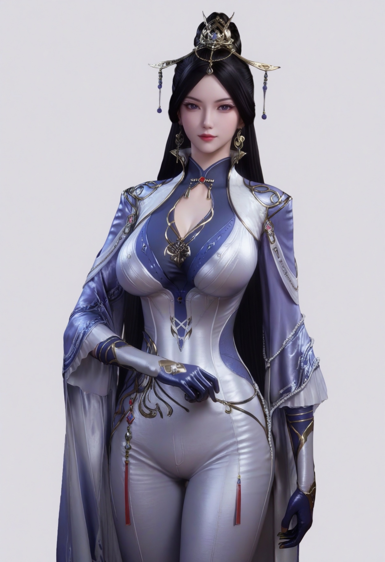 score_9,<lora:SF_QiuQingEr_Pony_Realism2.3-000003:0.7>,1girl,solo,hair ornament,long hair,dress,hair bun,breasts,large breasts,dress,pants,black hair,gloves,looking at viewer,white background,simple background,