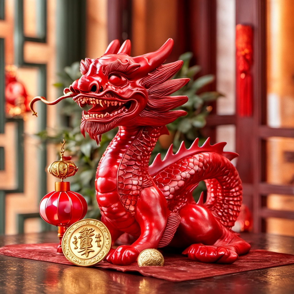 There is a red dragon on the mahogany table,with a gold plate base and a red lantern hanging from its whiskers. There are gold coins as a backdrop,and the background is a vintage window and green plant,<lora:---long-XL>,