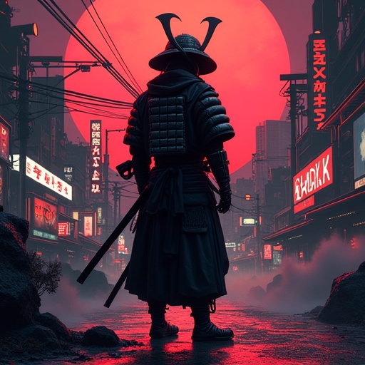 ukiyoe of an samurai standing in neo tokyo ,  cyberpunk on Tensor.Art