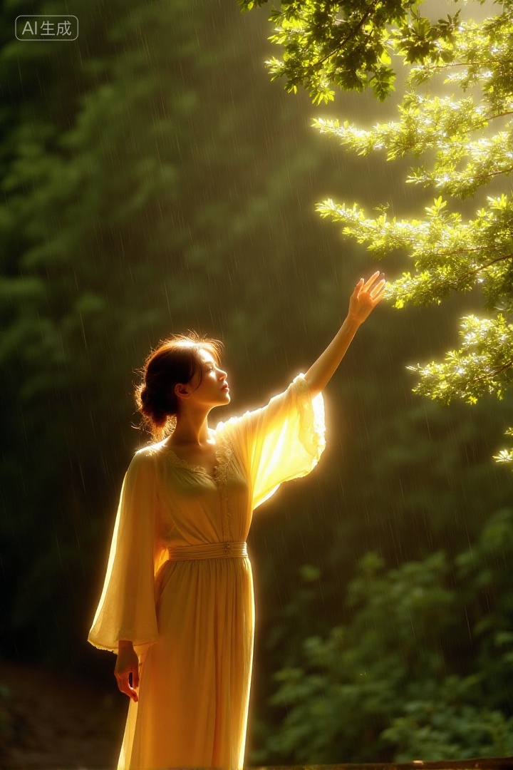 A woman in a golden long dress, reaching out to touch glossy branches in a forest rain, side sunlight creating a glowing halo on the dress and rain, contrast with dark green forest, ethereal and poetic atmosphere, integration of human and nature, soft and dreamy lighting., Negative prompt: ng_deepnegative_v1_75t,(badhandv4:1.2),EasyNegative,(worst quality:2),,nsfw, Steps: 30, Sampler: Euler, CFG scale: 3.5, Seed: 2951878069, Size: 720x1080, Model hash: 8cba4f1ef4, Model: F.1基础算法模型-哩布在线可运行_F.1-dev-fp8.safetensors, Denoising strength: 0, RNG: CPU, Lora 1: 20250913-1757780180322-0001, Lora Hash 1: 2c61ab8cf8, Lora Weight 1: 0.8, vae_name: automatic