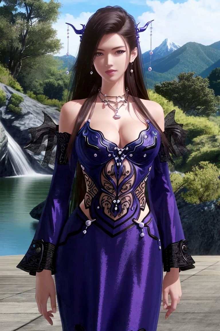 ((HRD, HUD, 8K)),((masterpiece, best quality)), highly detailed,1girl, solo, hair ornament, brown hair, black hair, long hair, brown eyes,necklace, jewelry, earrings, breasts, cleavage, bare shoulders, detached sleeves, dress, purple dress, simple background, mountain, waterfall, cowboy shot, standing, looking at viewer, <lora:20240525-1716650918118:0.73>