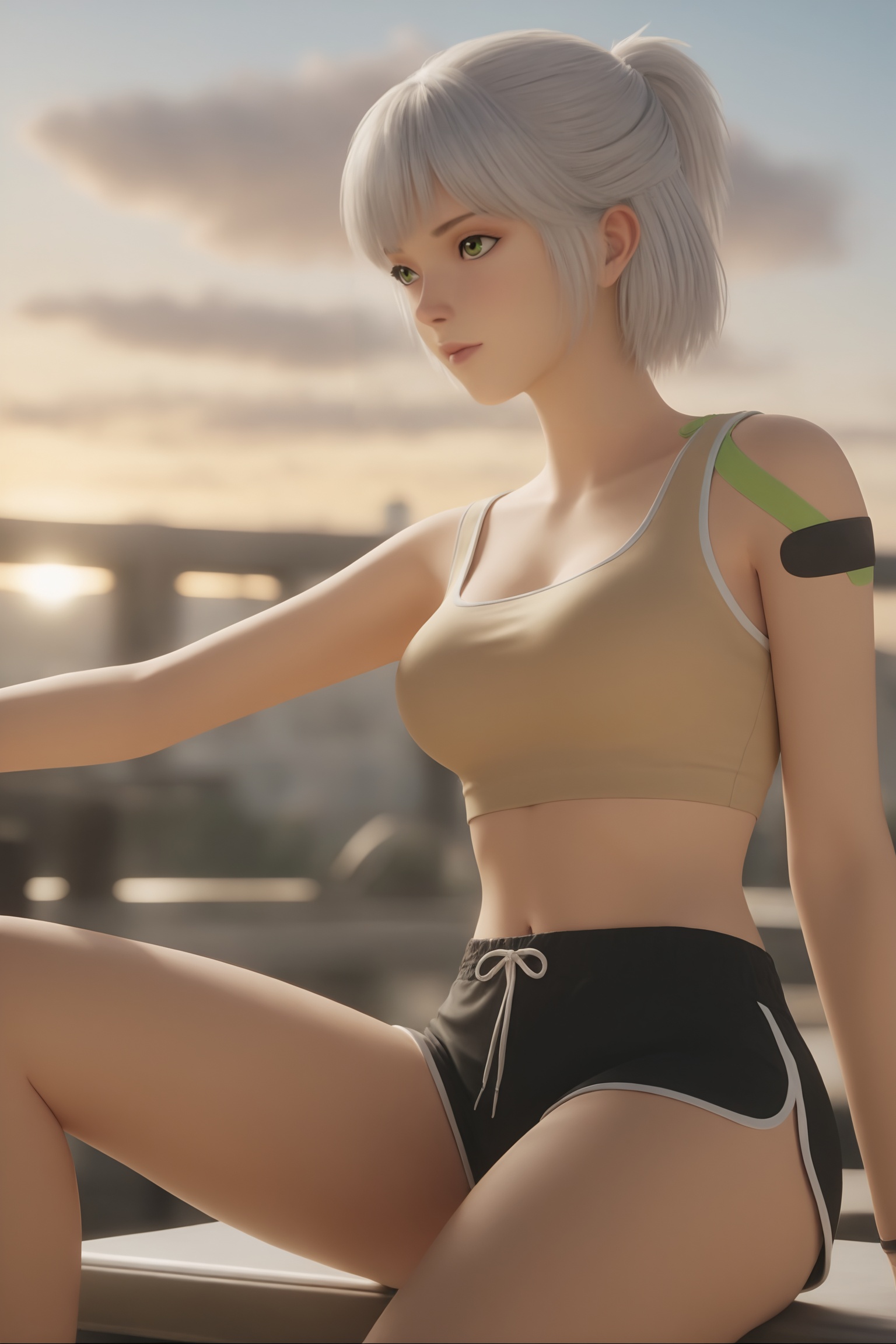 ultra realistic,masterpiece,high detailed skin,best quality,high res,very aesthetic,anime style,studio anime,source_ecchi,anime,(finely detailed face),(petite body:1.3),medium breasts,fingernails,nail polish,red long nails,nailsart,1girl,1woman,digital illustration shoot from the side about a young woman in a silver metallic bikini,ultra tight micro white metallic bikini,white metallic side-tie string,areola,labia,wedgie,surrounded by bubbles,sitting in the middle of the image,the image also shows a playful and whimsical atmosphere,with a soft and pastel color palette. on the center of the frame,who appear to be a young *****,is sitting with her upper body facing the viewer,looking to the side with a dreamy playful expression,she has a slim body and bare shoulders,bikini with a white metallic bikini top and g-string bottoms,the background is a sunset,colorful orange sky with fluffy white clouds,soft ambient glow,dramatic scenery,intricate details,(blurry background, depth of field:1.1),erotic and aesthetic,lascivious pose,aroused,dynamic dutch angle,from below,blurry background,bright colors,stunningly artwork,(blurry background, depth of field:1.1) <lora:灵笼-白月魁运动装IL:0.7>,1girl,short,white hair,bangs,beige crop top,black drawstring shorts,green bandage on her upper arm,