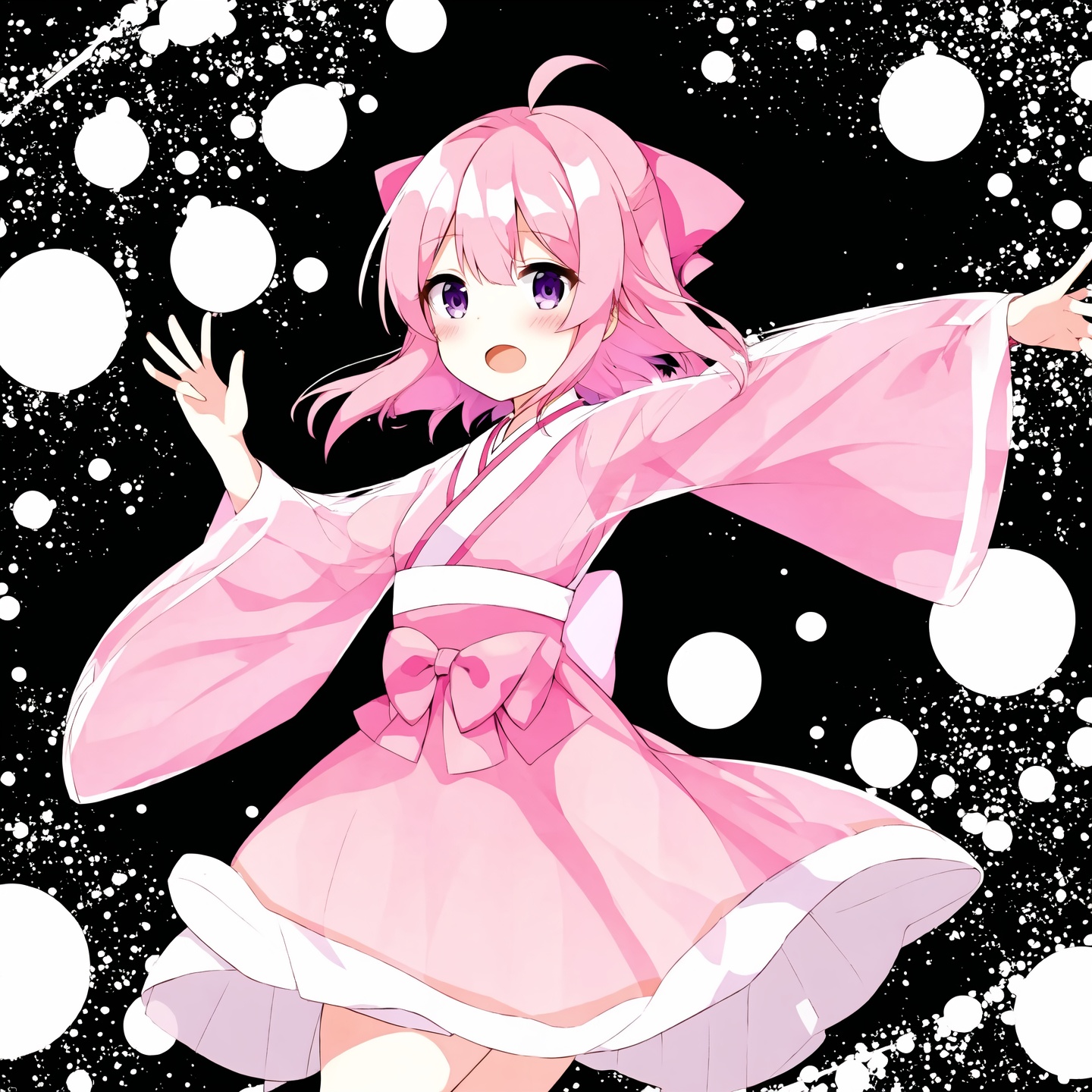 1girl, solo, pink hair, ahoge, korean clothes, purple eyes, looking at viewer, ribbon, see-through, white background, hair between eyes, bug, hanbok, butterfly, blush, long sleeves, bow, arm up, simple background, bangs, open mouth, pink skirt, hair ribbon, black bow, dress, see-through sleeves, hair bow, skirt