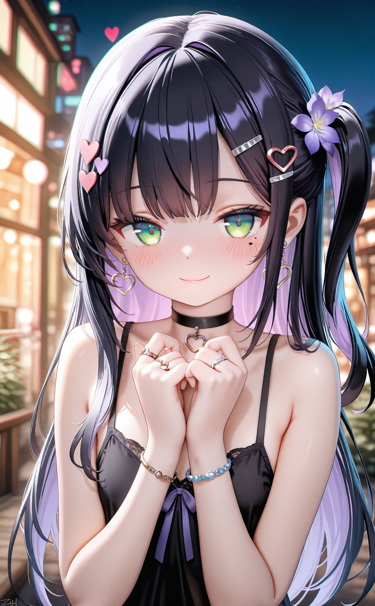 masterpiece,absurdres,best quality,high quality,chromatic_aberration,//,1girl,hair ornament,solo,jewelry,green eyes,choker,black hair,looking at viewer,smile,ring,hairclip,black choker,long hair,closed mouth,flower,hair flower,earrings,bare shoulders,blurry background,heart,upper body,bracelet,one side up,purple flower,multicolored hair,blurry,heart hair ornament,mole under eye,mole,signature,purple hair,blush,bare arms,hands up,camisole,heart earrings,night,sleeveless,two-tone hair,depth of field,spaghetti strap,colored inner hair,//,<lora:228zjlt——【CKXL】hans:0.8>,