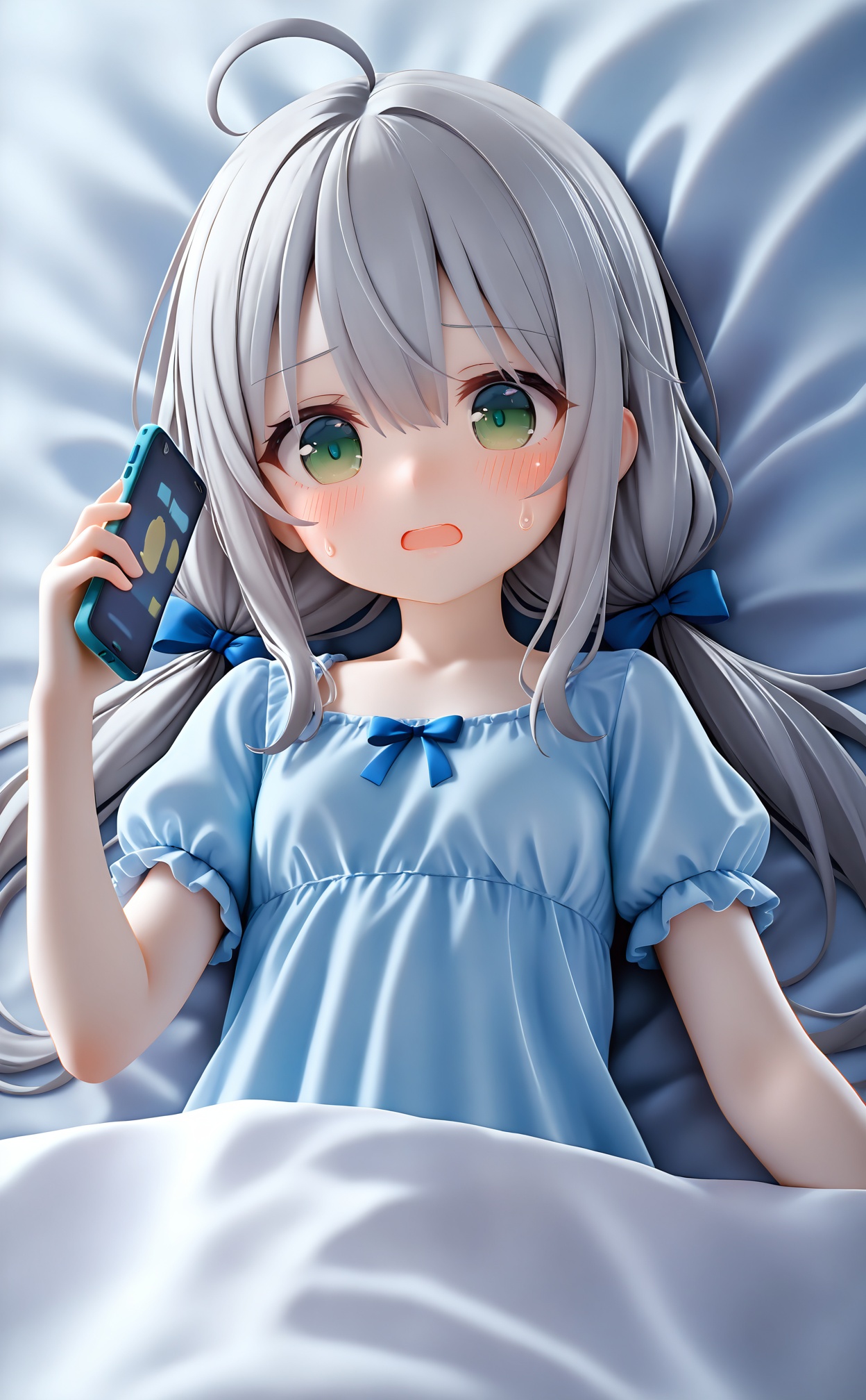 masterpiece,very aware,highres,absurdres,newest,best quality,high quality,loli,petite,chromatic_aberration,cinematic_angle,dutch angle,Light Blue Theme,//,1girl,phone,cellphone,green eyes,solo,grey hair,holding phone,holding,smartphone,long hair,open mouth,pajamas,twintails,short sleeves,under covers,low twintails,blue bow,hair between eyes,hair bow,bow,blue shirt,puffy sleeves,blue pajamas,blanket,bed sheet,shirt,sweatdrop,ahoge,puffy short sleeves,on bed,blush,//,//,<lora:PVC5——【noob】hans:0.8>,