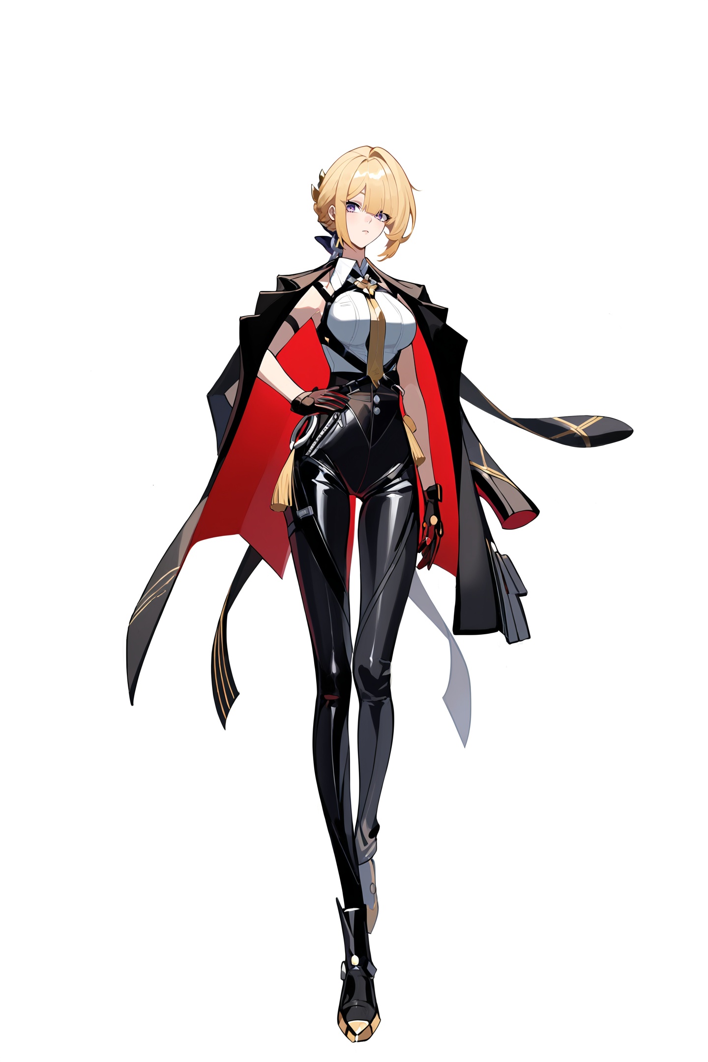 score_9,score_8_up,score_7_up,score_anime,8k,best quality,masterpiece,(ultra-detailed),(high detailed skin),(by nanoless, by misumi \(macaroni\),:0.5),<lora:YLI 0.1v:0.25>,<lora:style1:0.25>,A full-body portrait of a young girl,standing gracefully,pastel art style,high-key lighting,shoujo manga influence,hd quality,delicate details,full body,full shot,standing,looking at viewer,(solo:1.2),simple background,white background,hand on own hip,<lora:Evelyn-pony-Tanger-000019:0.8>,Evelyn \(zenless zone zero\), clothes: def Evelyn clothes, Evelyn jacket, 1girl, gloves, blonde hair, necktie, short hair, black pants, black footwear