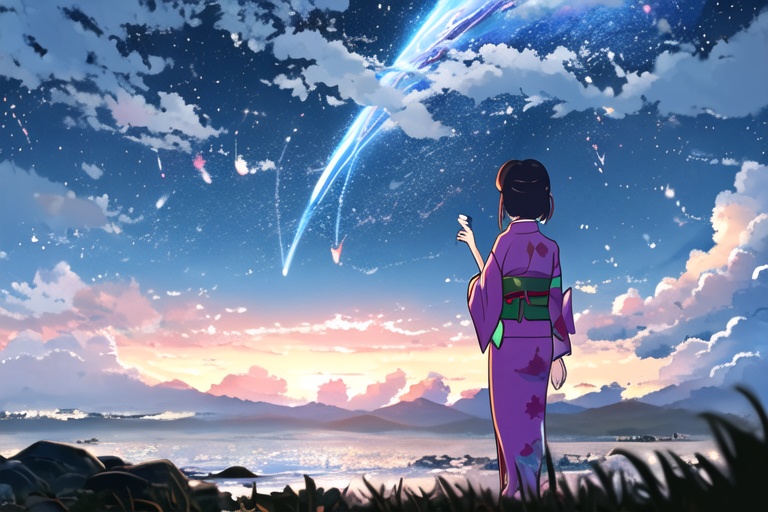 dream, New Haicheng Animation Style, hat, outdoors, japanese clothes, sky, cloud, kimono, from behind, tree, night, star \(sky\), night sky, scenery, starry sky, mountain, silhouette, shooting star, miyamizu mitsuha
