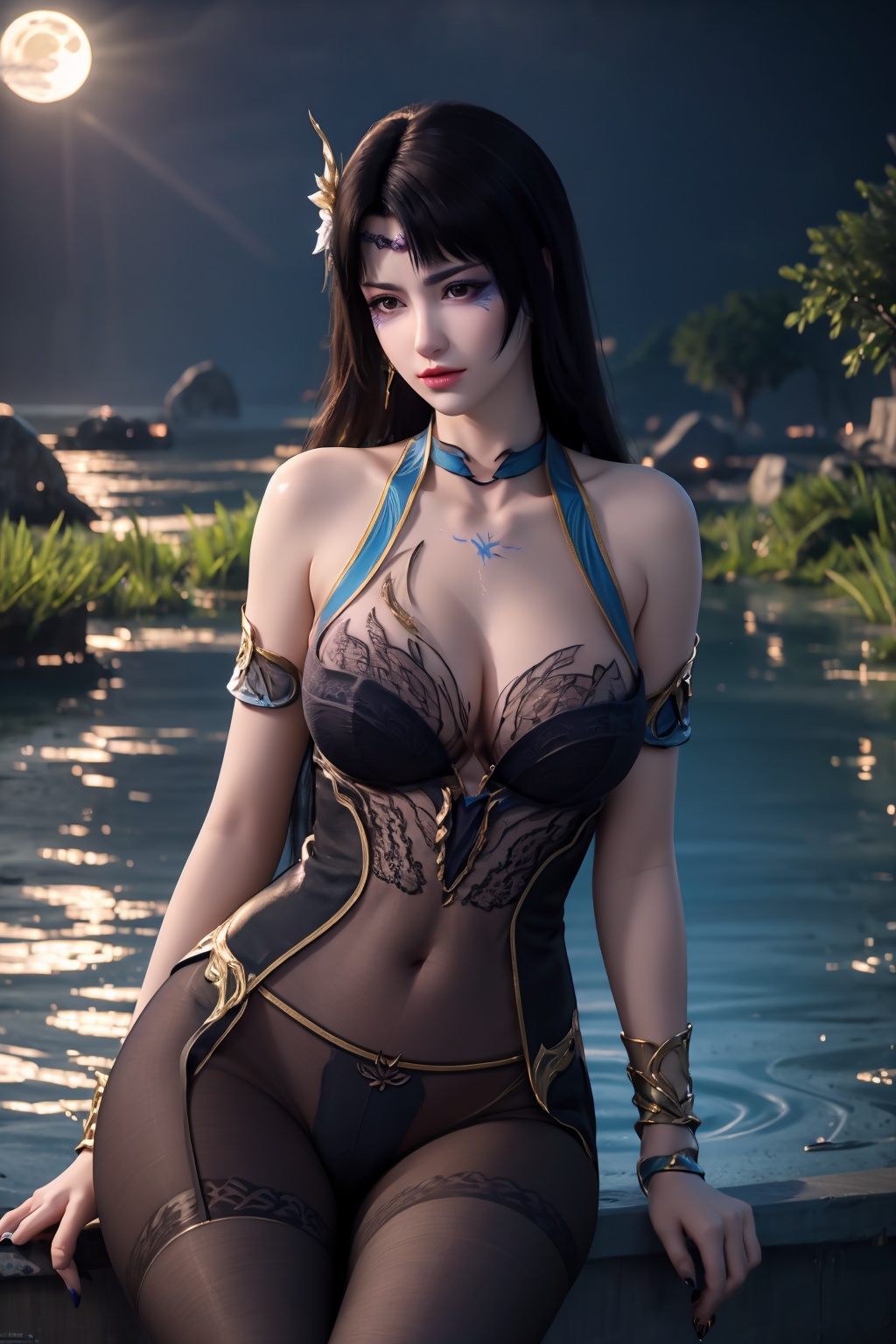 standing,flower,full_moon,moon,night,lily_pad,lotus,moonlight,water,night_sky,lily_\(flower\),sky,partially_submerged,1girl,solo,hair ornament,long hair,realistic,nail polish,photo_\(medium\),(big breasts, cleavage),makeup,(8k, RAW photo, best quality, masterpiece:1.2),(realistic, photorealistic:1.3),ultra-detailed,extremely detailed cg 8k wallpaper,(crystalstexture skin:1.2),extremely delicate and beautiful,(sexy pose:1.2),wearing edgHL,see-through,thighhighs,sexy lingerie,(big breasts:1.2),silk,thin transparent silk,torn pantyhose,red purple lingerie,facial mark,