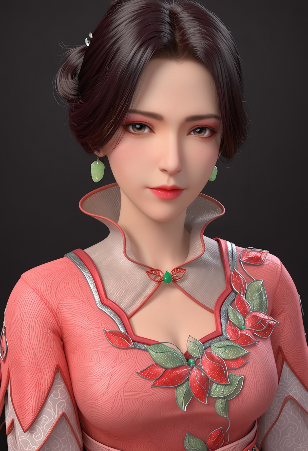 (upper_body:1.2),(looking at viewer:1.1),facing viewer,direct gaze,<lora:YQ_pony_jimohuaxue_V5:0.8>,1girl,q1528437228,solo,black hair,jewelry,pink dress,earrings,short hair,hair bun,hair ornament,brown eyes,brown hair,long sleeves,chinese clothes,single hair bun,high collar,boots,red footwear,black eyes,sash,side slit,necklace,pantyhose,BREAK simple background,pure black background,black background,perfect anatomy,