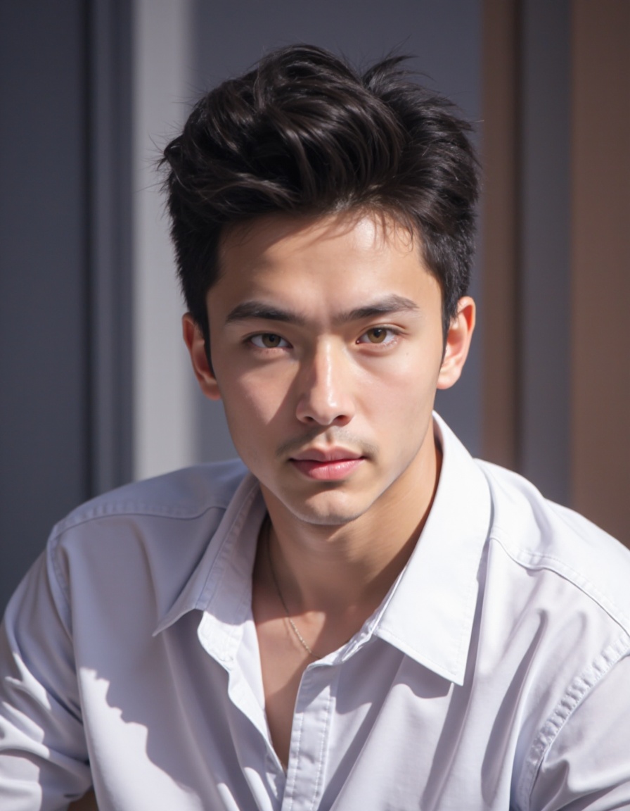 1boy, realistic, male focus, solo, shirt, white shirt, collared shirt,