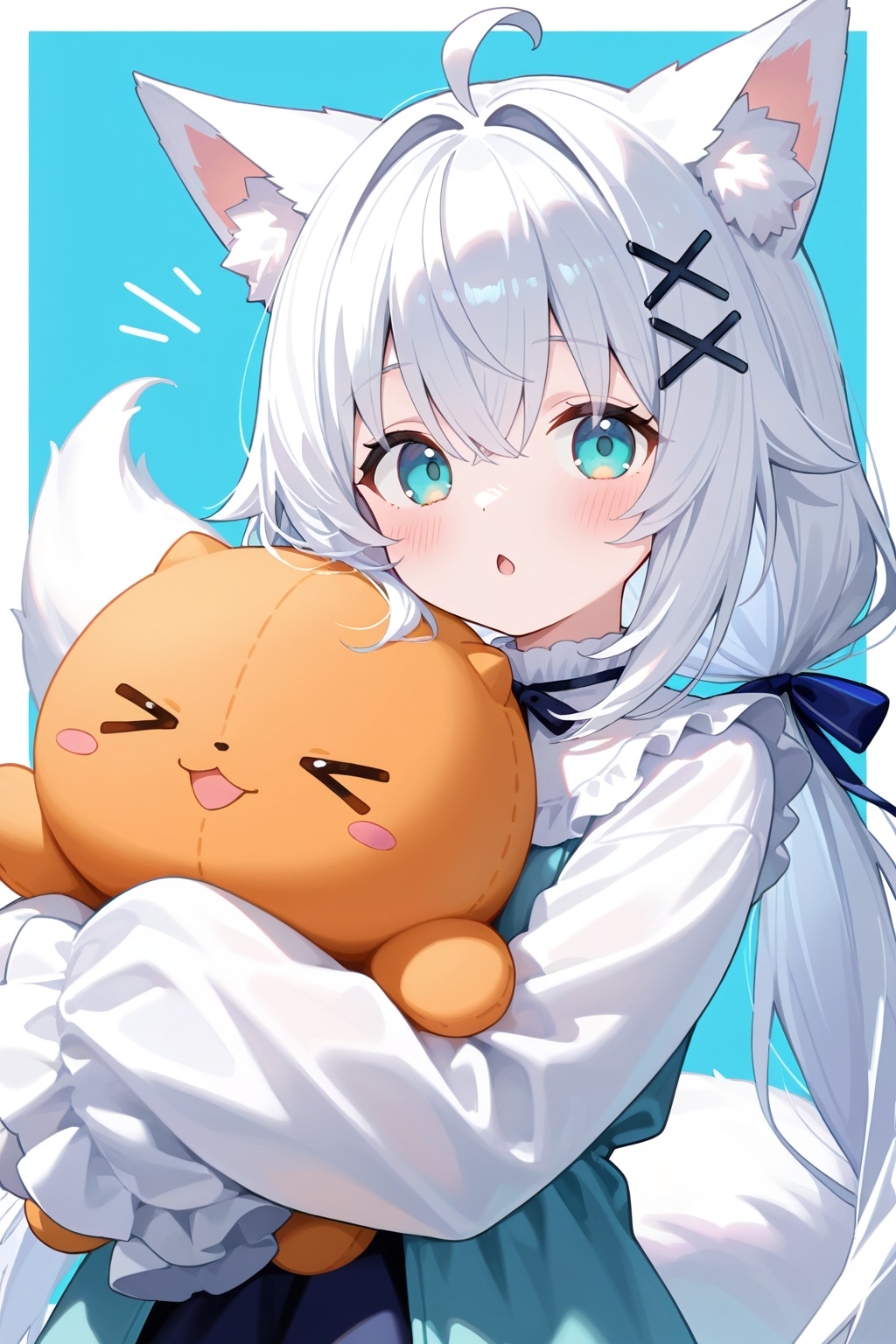 1girl, animal ears, hair ornament, white hair, blue eyes, long hair, sleeves past fingers, sleeves past wrists, tail, bow, ahoge, looking at viewer, x hair ornament, twintails, low twintails, animal ear fluff, solo, blush, long sleeves, hair bow, fox ears, blue bow, :o, fox girl, upper body, shirt, white shirt, hugging object, blue background, fox tail, parted lips, chestnut mouth, open mouth, hair between eyes, >_<, dress, black bow, simple background, two-tone background, white background, very long hair, open clothes, white border, sidelocks, border, frilled sleeves, aqua eyes, hairclip, hair intakes, frills, dot nose, stuffed toy, virtual youtuber