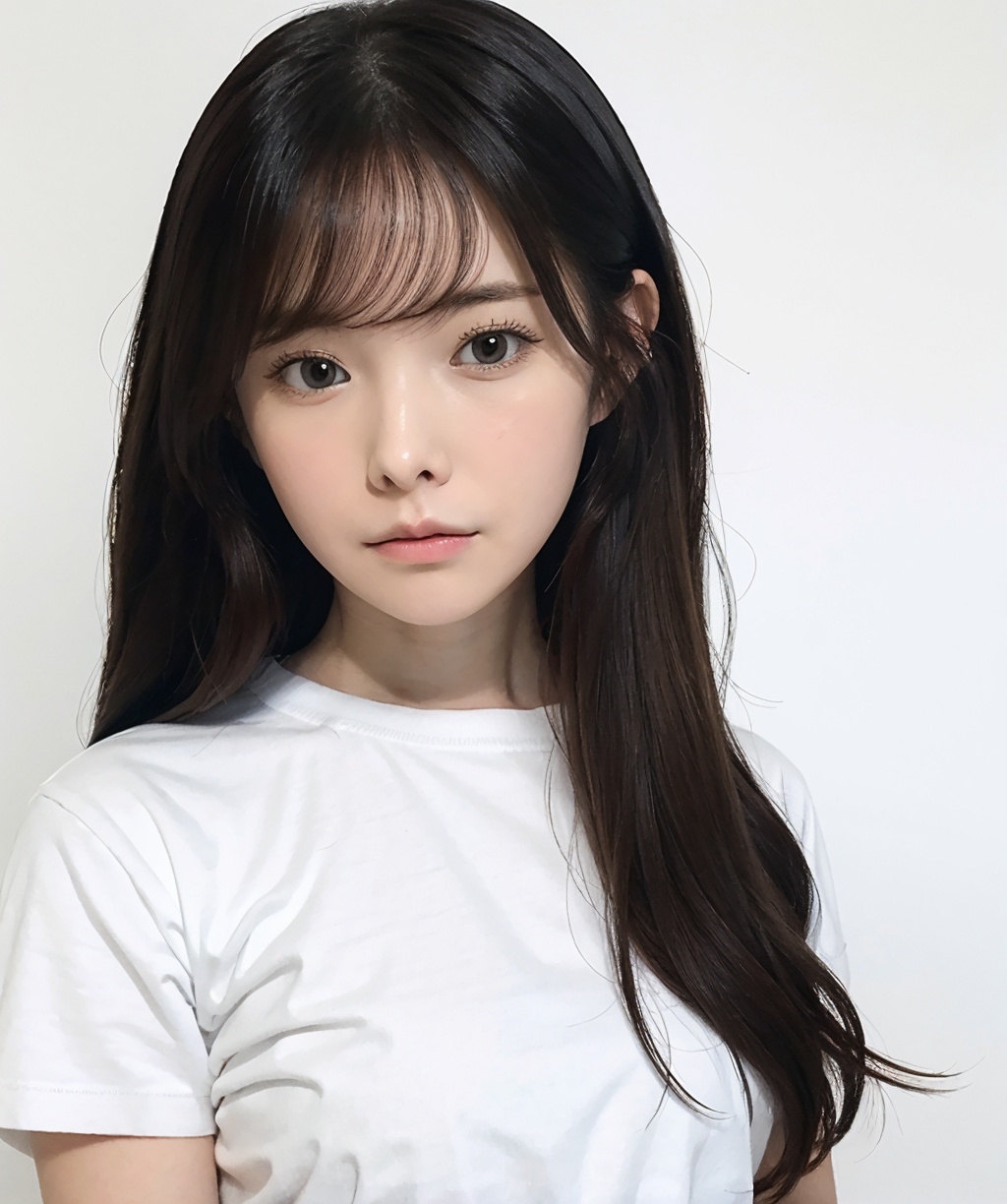 <lora:Arata-000010:0.85>,portrait,(looking at viewer),1girl,solo,long hair,(closed mouth:1.5),white t-shirt,white background,realistic,