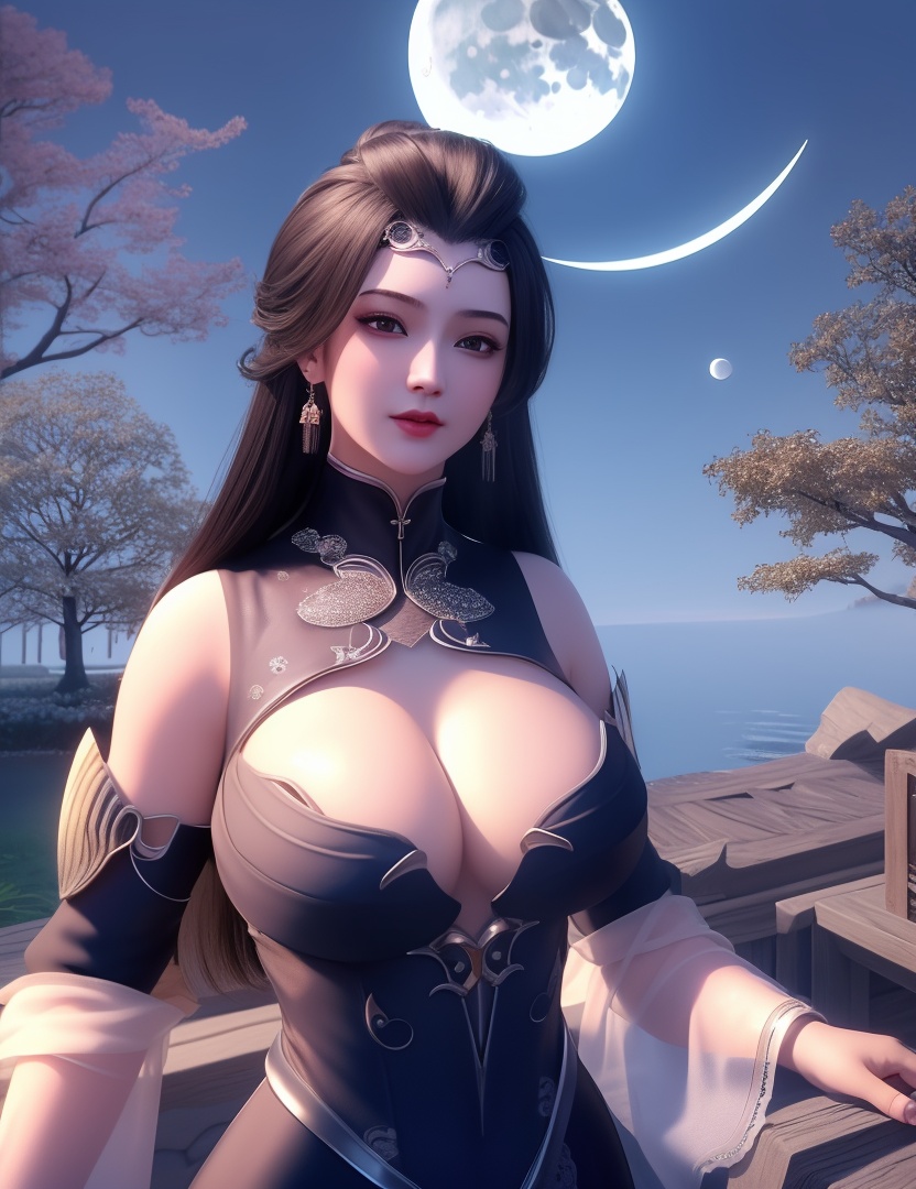 <lora:529-DA-诛仙-幽姨:0.8>(,1girl, ,best quality, ),looking at viewer,  ,ultra detailed background,ultra detailed background,ultra realistic 8k cg, ,masterpiece, (( , )),, ,fiction,mole,,      ,(cleavage), (),  ,see-through, lace, (((, solo, moon, , bare_tree, )))(cleavage),
