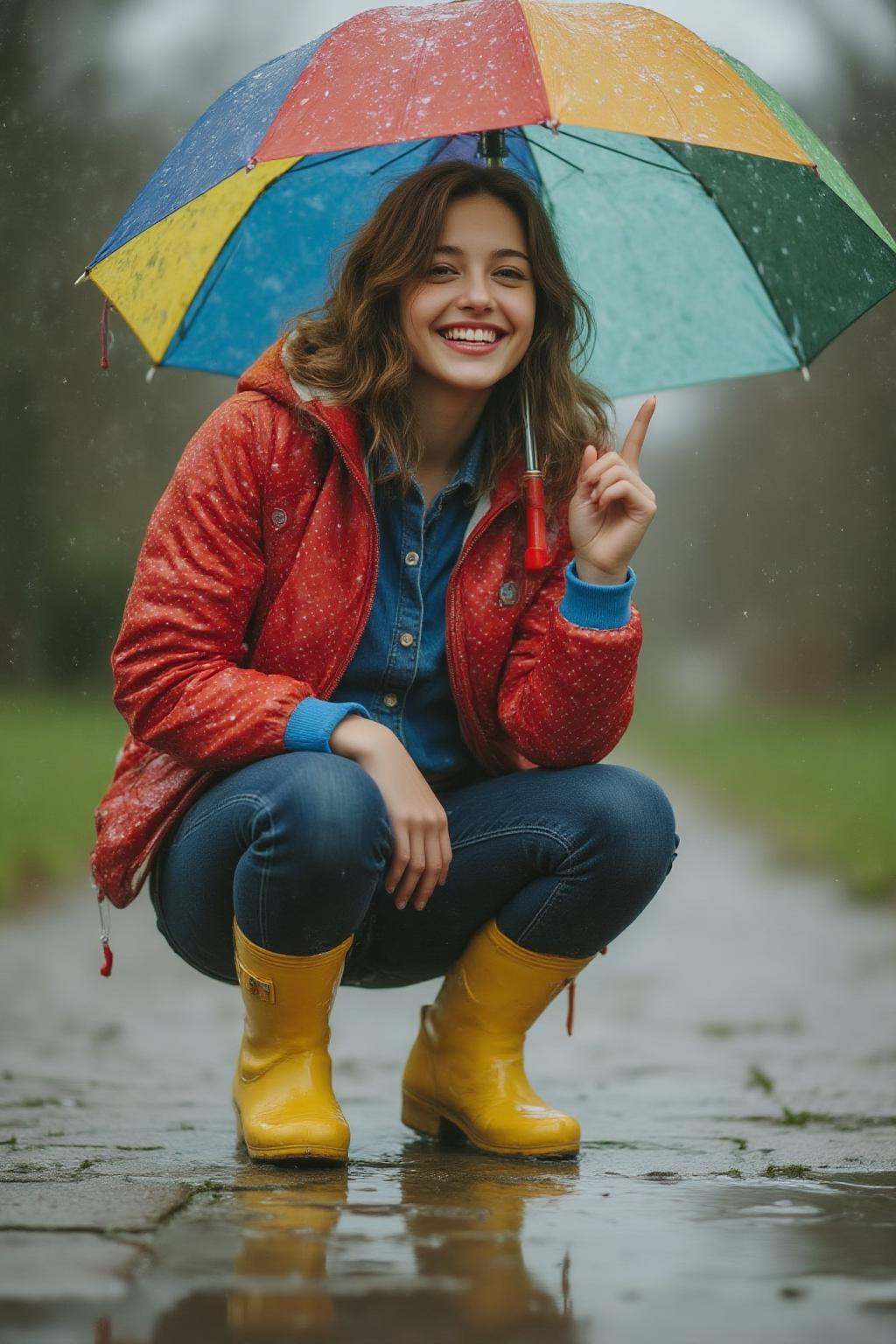 midjourney photograph.A young woman,  angled from slightly above and to the right,  crouching low to the ground in a puddl...