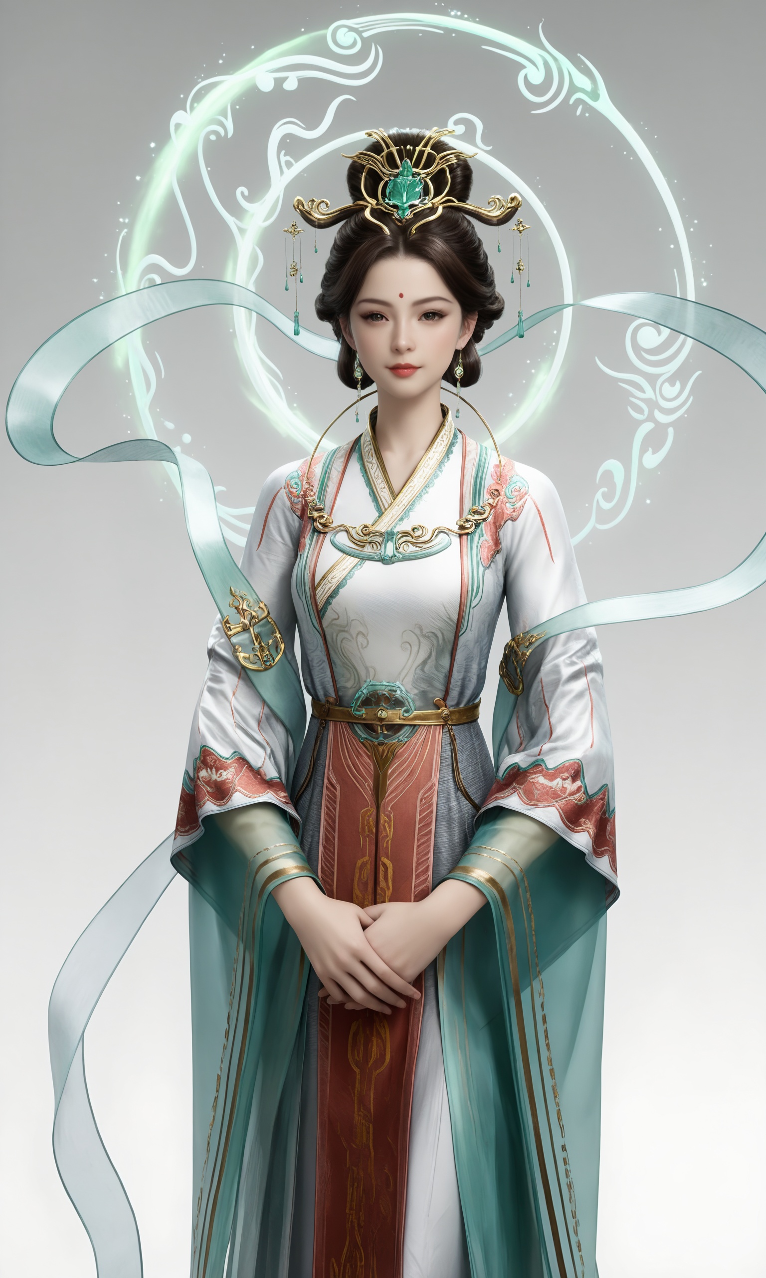 <lora:遮天-西王母IL:0.7>,1girl,dark brown hair,updo,gold and green ornaments,long,flowing traditional Chinese dress with  green and white,accented with gold and red embroidery,wide sleeves,high collar,barefoot,glowing, semi-transparent green circular halo with swirling patterns, Behind her,, realistic stylewhite background,upper body,looking at viewer,