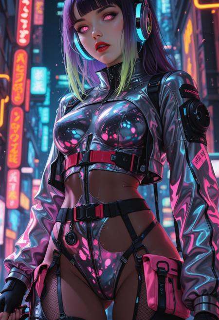 1girl, detailed eyes, (pretty face), (detailed face), (slender, lean, fit, athletic:2), rating_explicit, rating_nsfw, (sexy), defined midriff, skindentations, medium breasts, (perfect body:2), photo-realistic, realistic skin, realistic textures, detailed skin, photorealistic, ultrarealistic, 8k, impossible clothing, hypersexualized, mature themes, inappropriate content, vulgar, obscene, nsfw, explicit, ***** content, erotic, suggestive, intimate, provocative, A digital illustration shoot from a frontal camera angle about a futuristic cyberpunk female character in a futuristic setting with neon lights. the image also shows vibrant colors and a cyberpunk aesthetic. on the middle of the image, a 20-year-old woman with pale skin and pink eyes, who appears to be in her mid-twenties, standing confidently with a serious expression. she has long, straight, purple hair with green highlights, and is wearing a shiny, metallic bodysuit with a high collar and long sleeves, along with a red belt and multiple pockets. her body is slim and toned, and she has a pair of black gloves on her hands. she is wearing headphones and has a metallic, futuristic design. the background is a vibrant cityscape with colorful neon lights and signs, creating a neon-lit atmosphere. the woman is positioned in the center of the frame, with her upper body facing the viewer and her eyes looking directly at the viewer. 1girl, rating:sensitive, cyberpunk, solo, multicolored hair, glowing, looking at viewer, bodysuit, pink eyes, makeup, breasts, cropped jacket, blurry background, blurry, parted lips, belt, headphones, blunt bangs, gloves, night, lipstick, jacket, neon lights, pink hair, fingerless gloves, purple hair, cowboy shot, red lips, lips, long hair, black hair, medium breasts, ass visible through thighs, glowing eyes, fishnets, standing, long sleeves, green hair, black gloves, score_9, score_8_up, score_7_up, <lora:Sinozick_style:0.4>, Sinozick_illu,gradient,spot color,  <lora:r-hrtdrp:.1>,  <lora:DetailerILv2:.1>, Jeddtl02