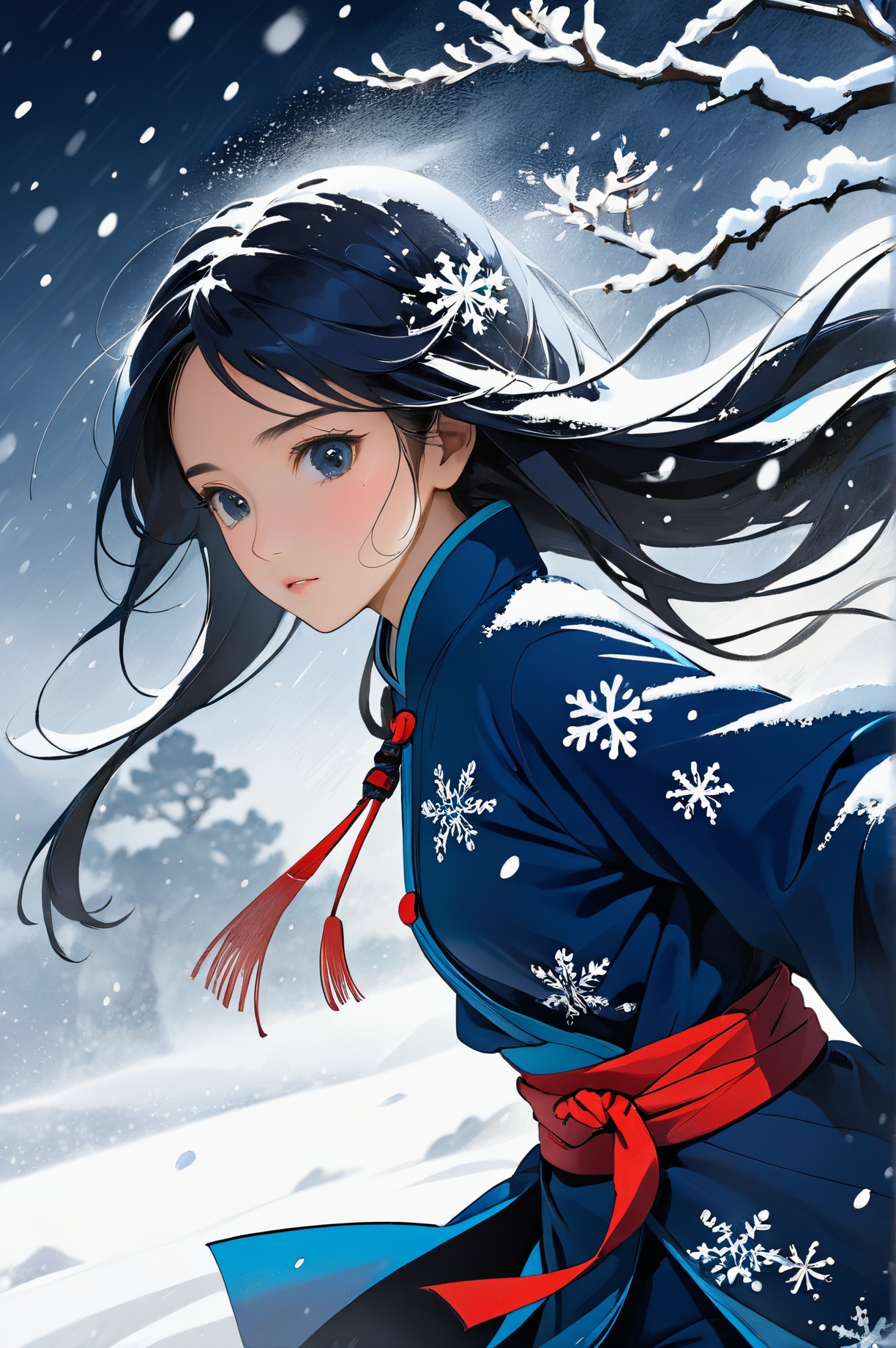 abstract art, visually stunning, 1girl, dark blue theme, deep blue, cowboy shot, It's snowing, the snow flies, wuxia, Chinese style