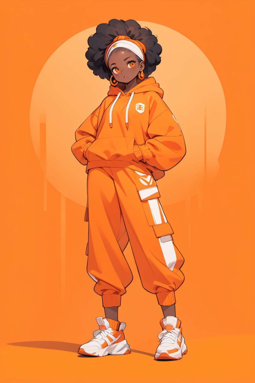 A African black woman,solo,Her decked out in an big orange themed ensemble,complete with a hoodie adorned,on an orange background,full body,, (masterpiece,best quality:1.2)