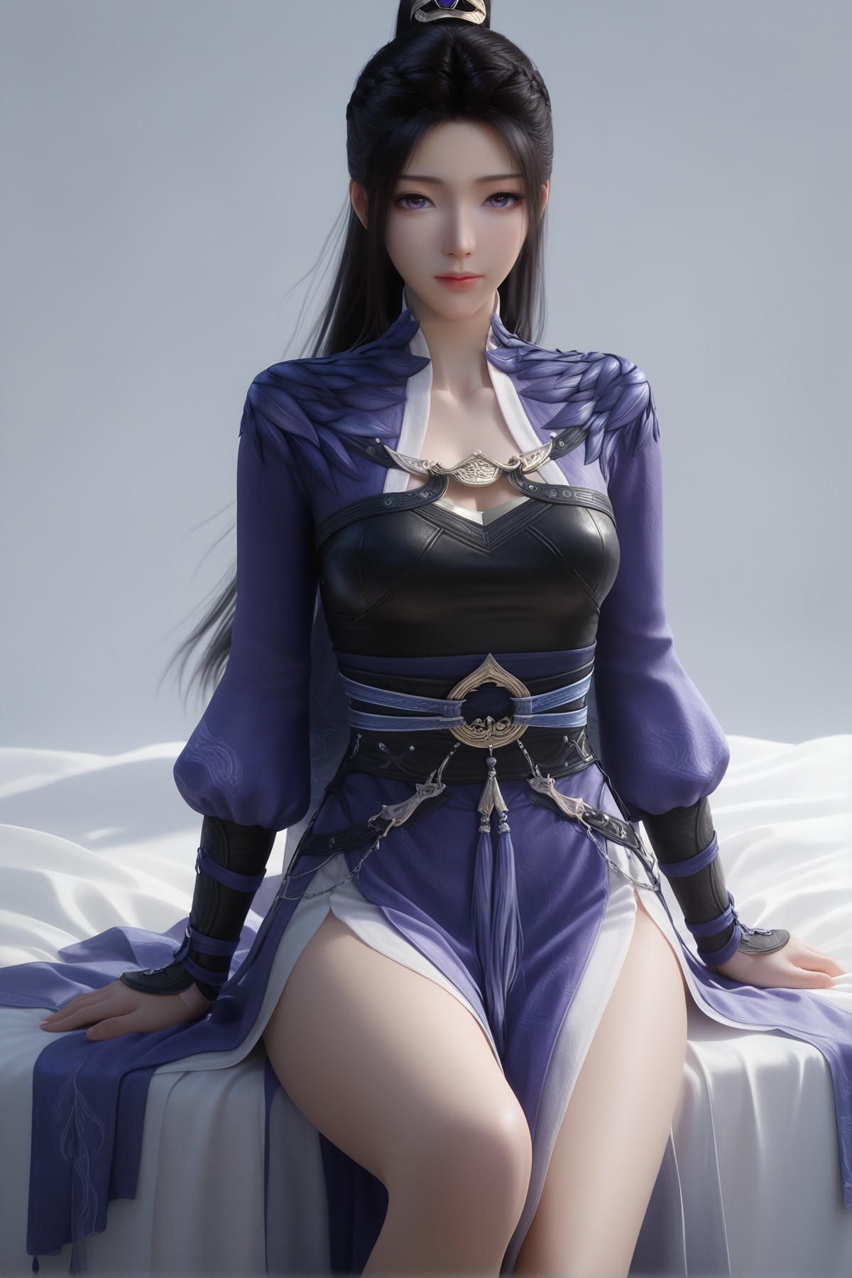 masterpiece,best quality,realistic,cinematic,detail eyes,(ultra-detailed),perfect composition,intricate details,absurdres,detailed face,high quality,high res,8K,<lora:X_ziling_xy_IL3.0:0.8>,black hair,purple eyes,1girl,long hair,high ponytail,breast,medium breast,hair_ornament,dress,chinese_clothes,bed,sitting,simple background,